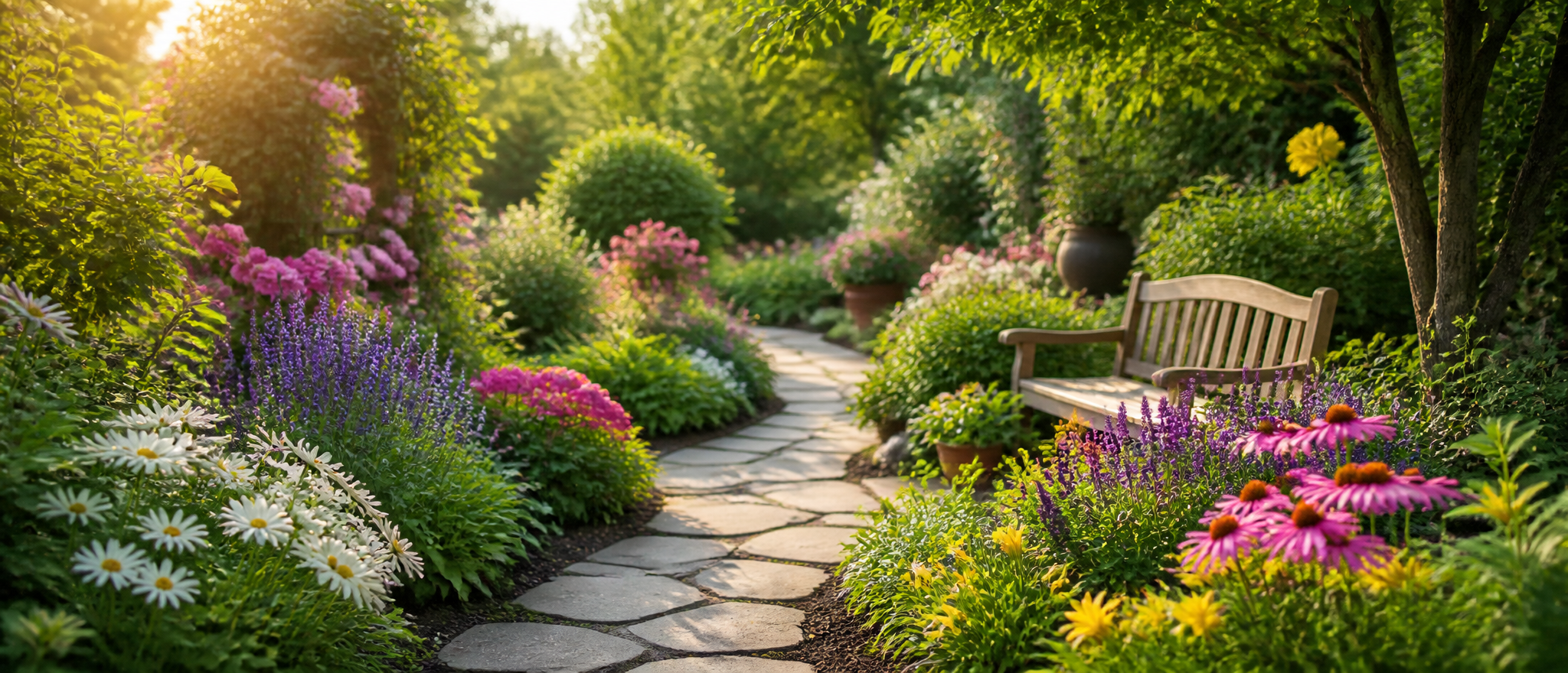 Beautiful lush summer garden path