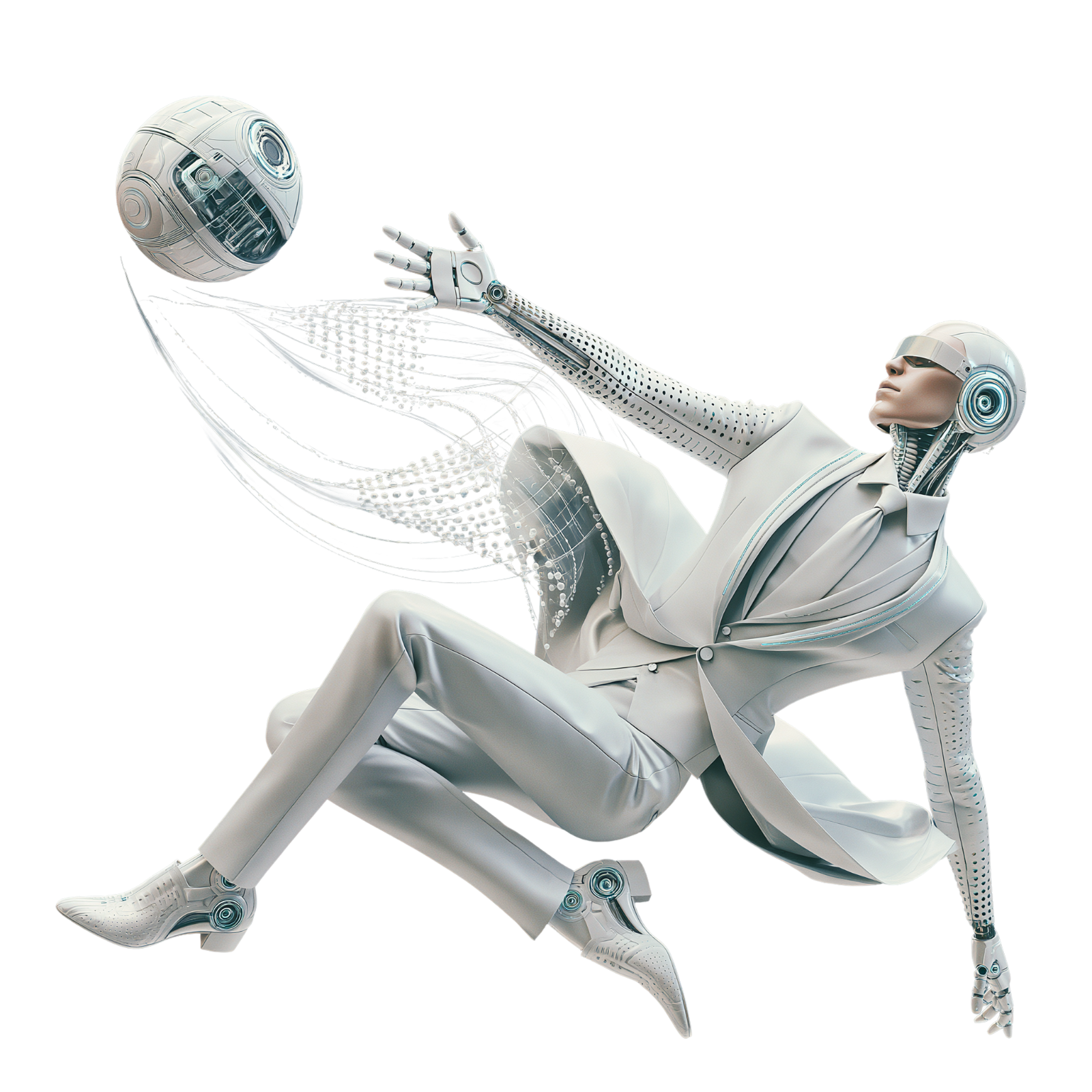 Futuristic Robot in Suit Reaching for Orb