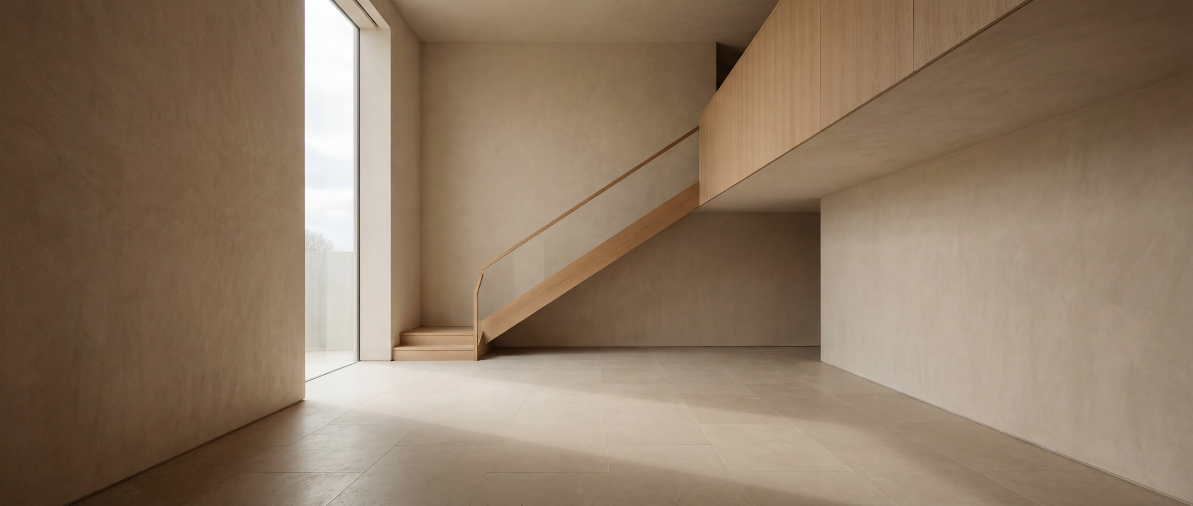 Minimalist beige interior with wooden staircase