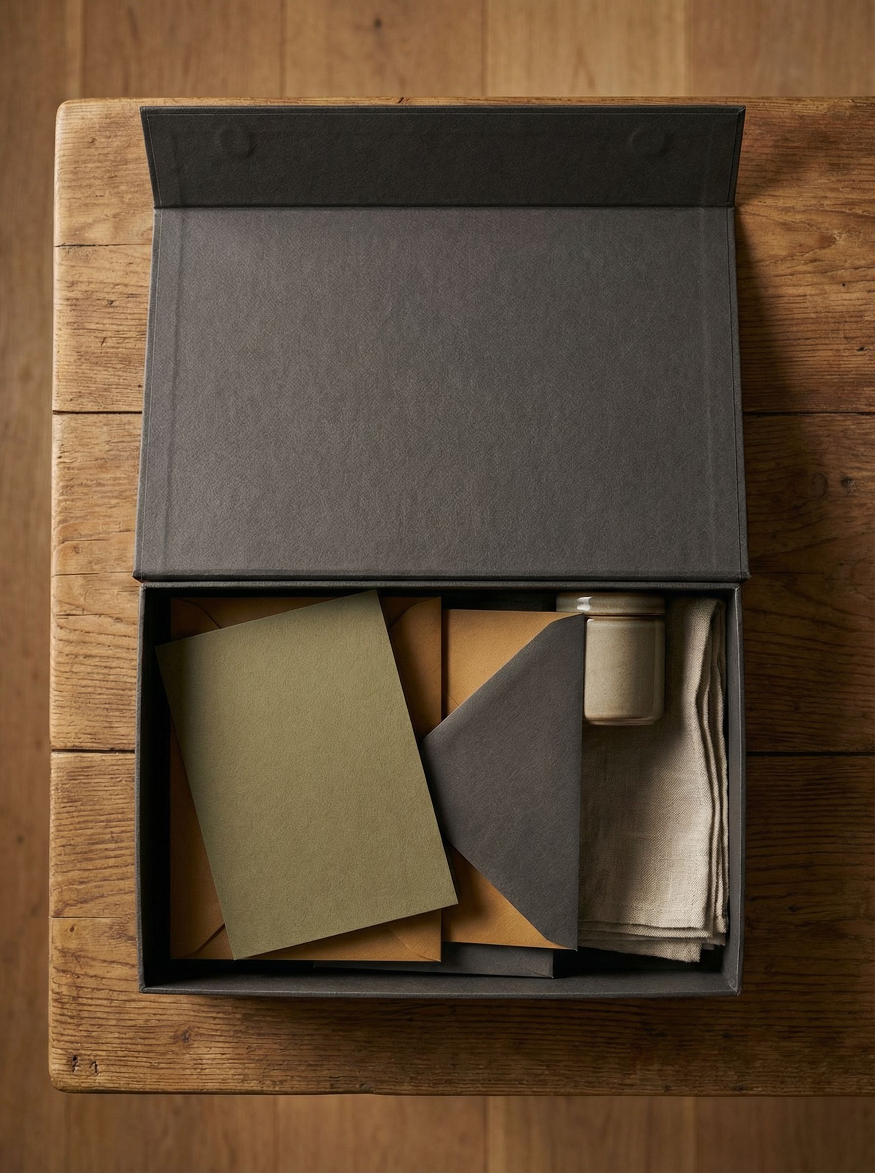 Minimal stationery gift box on wooden table