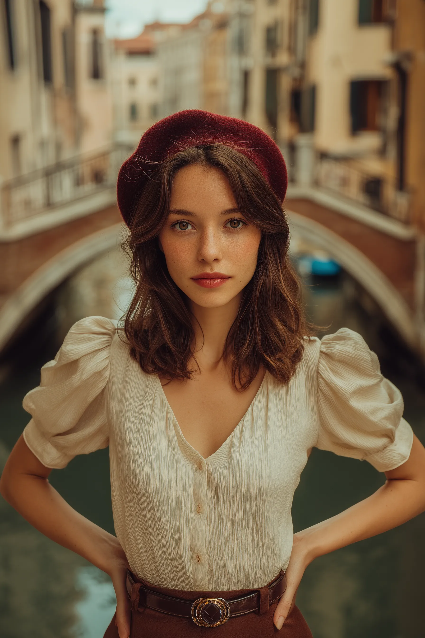 Woman in beret by canal in European city