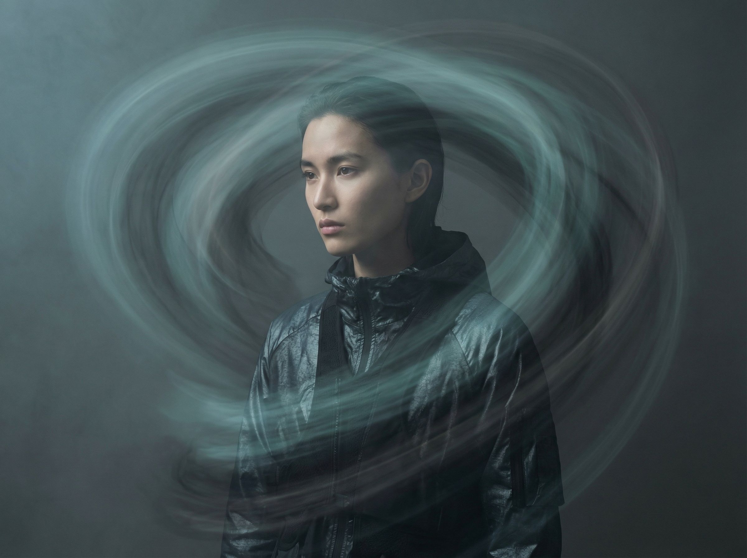 Portrait with swirling ethereal light trails