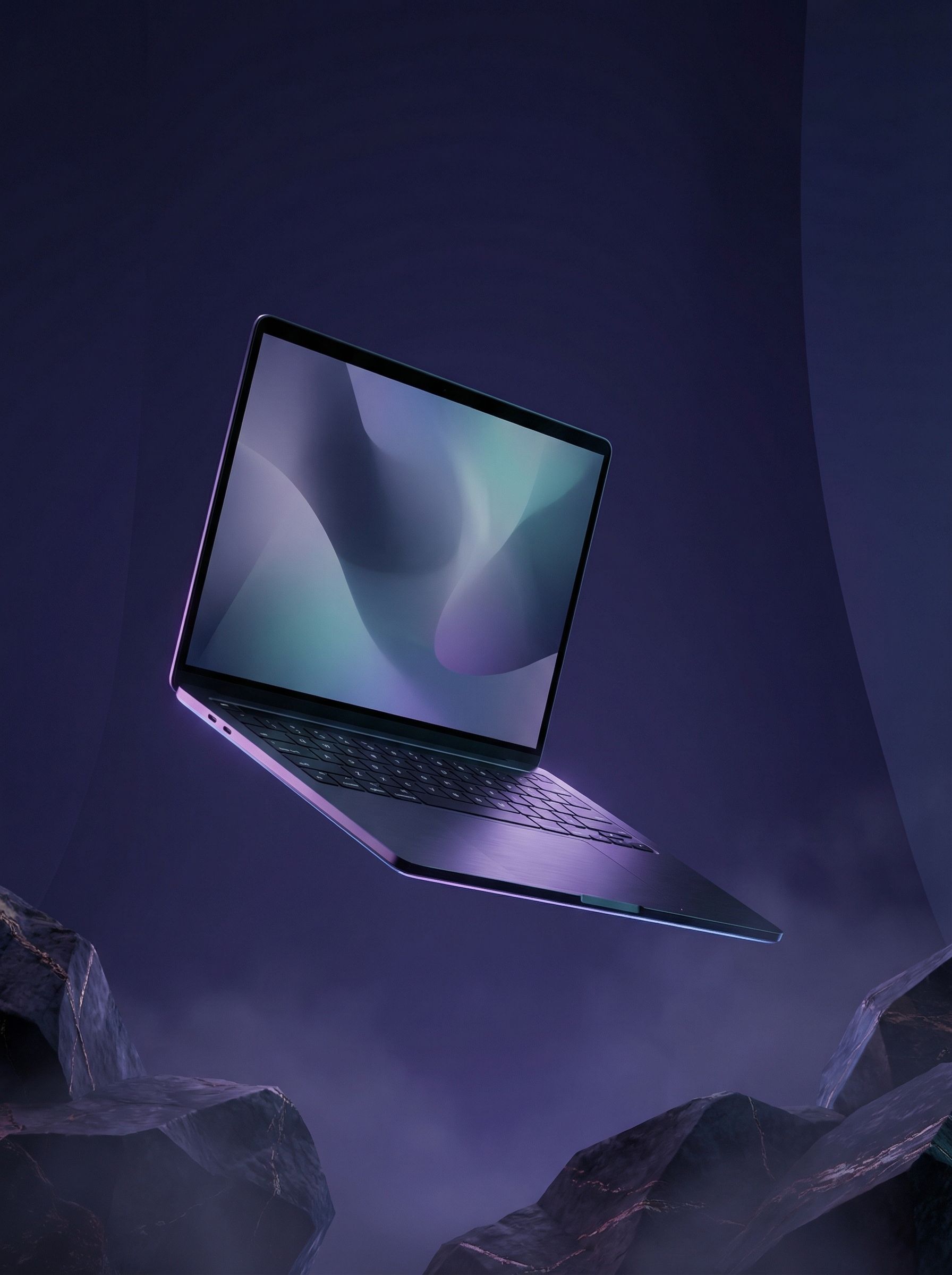 Floating laptop in futuristic purple scene