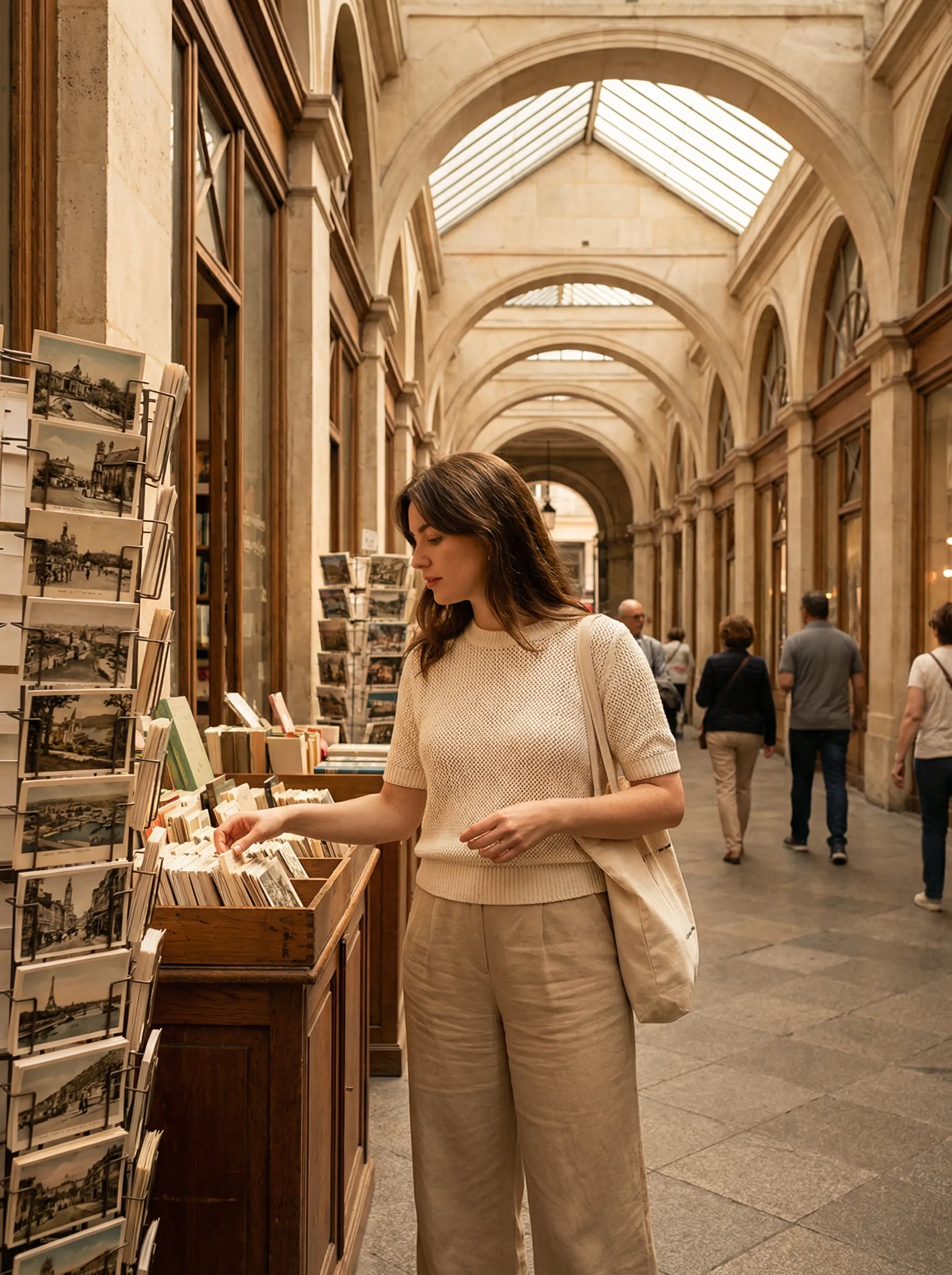 Woman browsing postcards in historic arcade