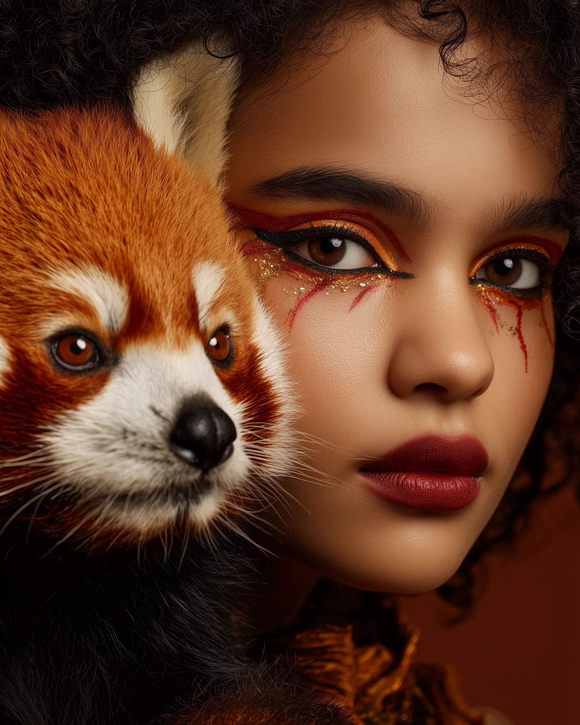 Portrait of woman with red panda and bold makeup