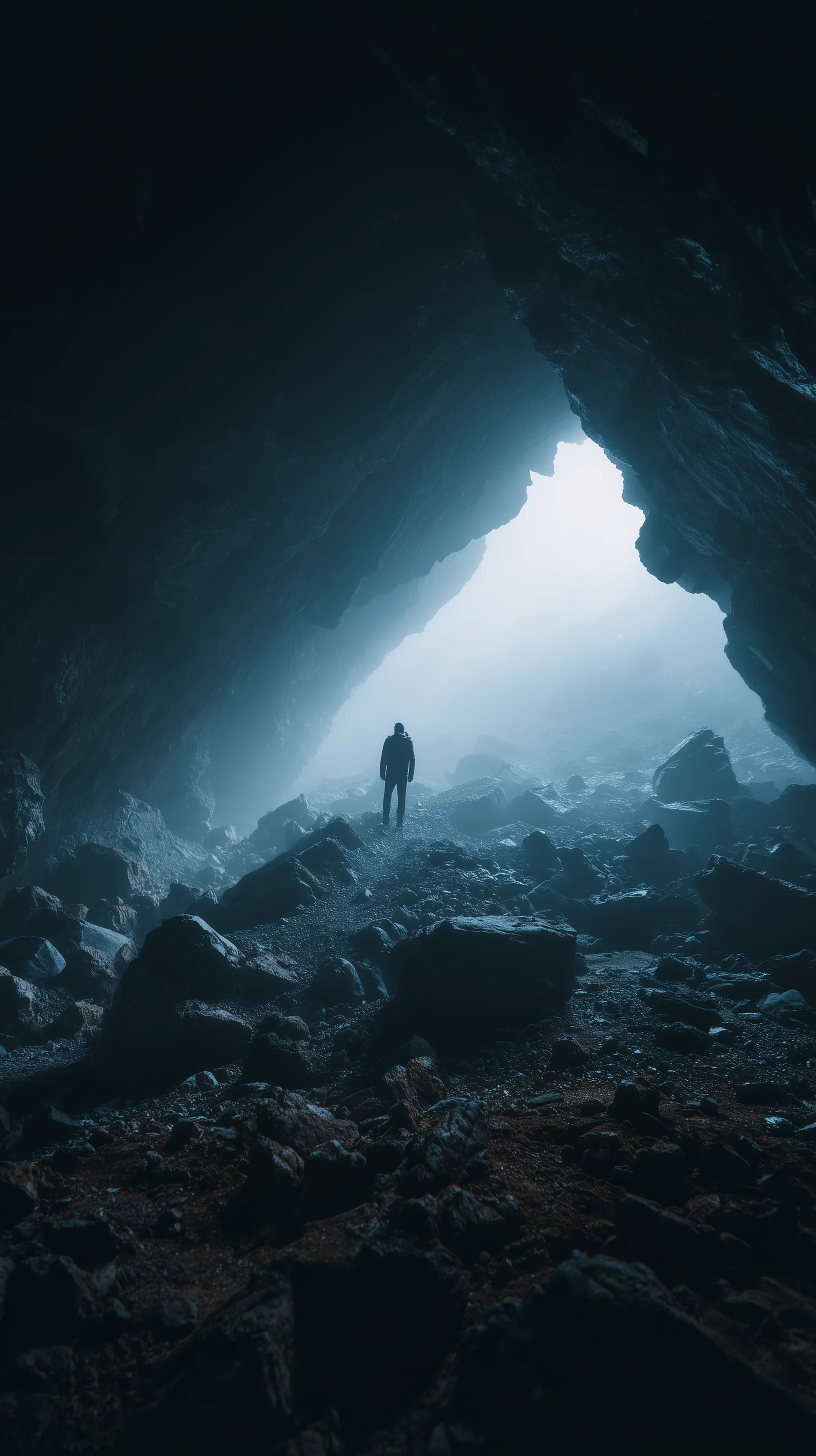Silhouette in Misty Cavern Entrance