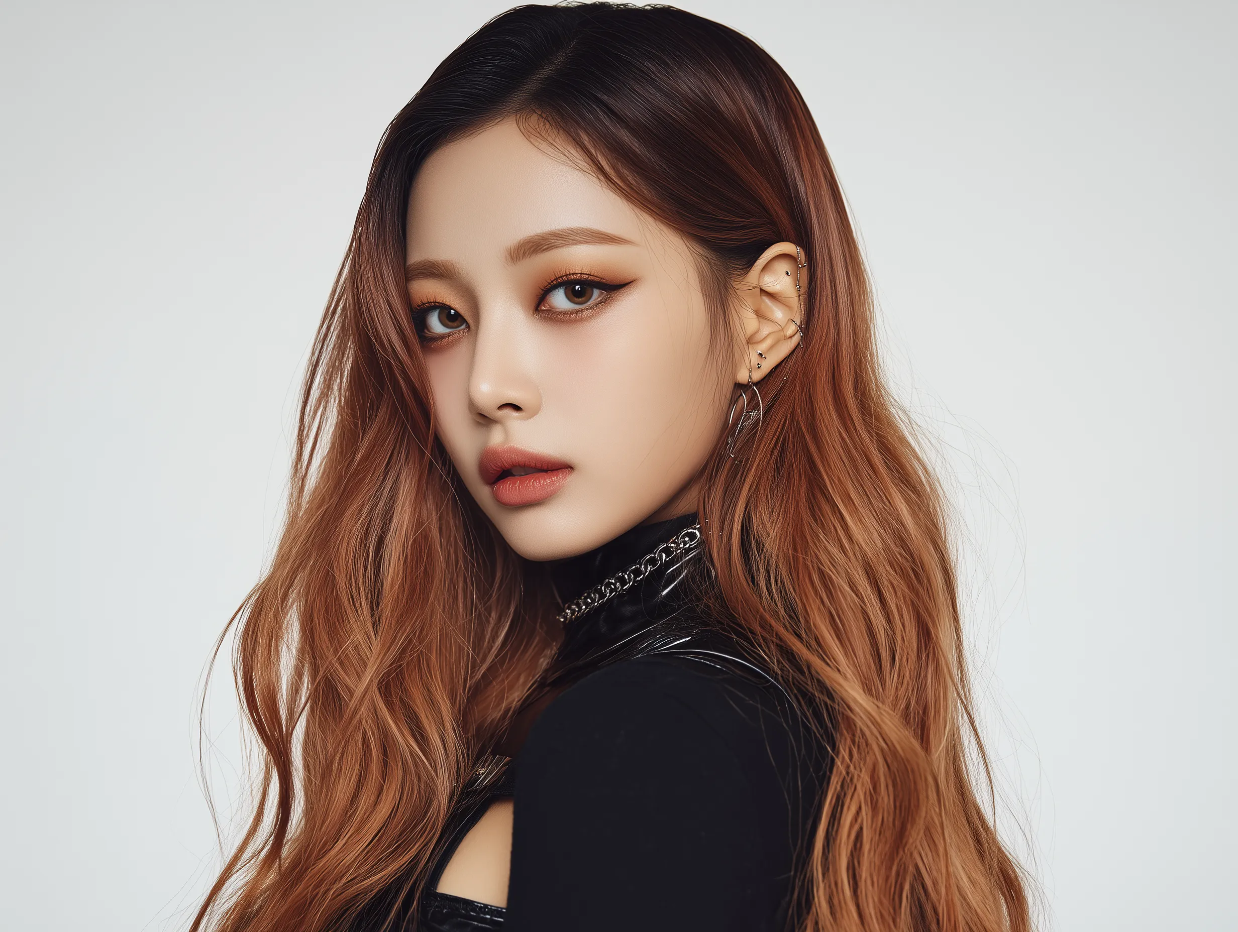 Stylish portrait of woman with long wavy hair