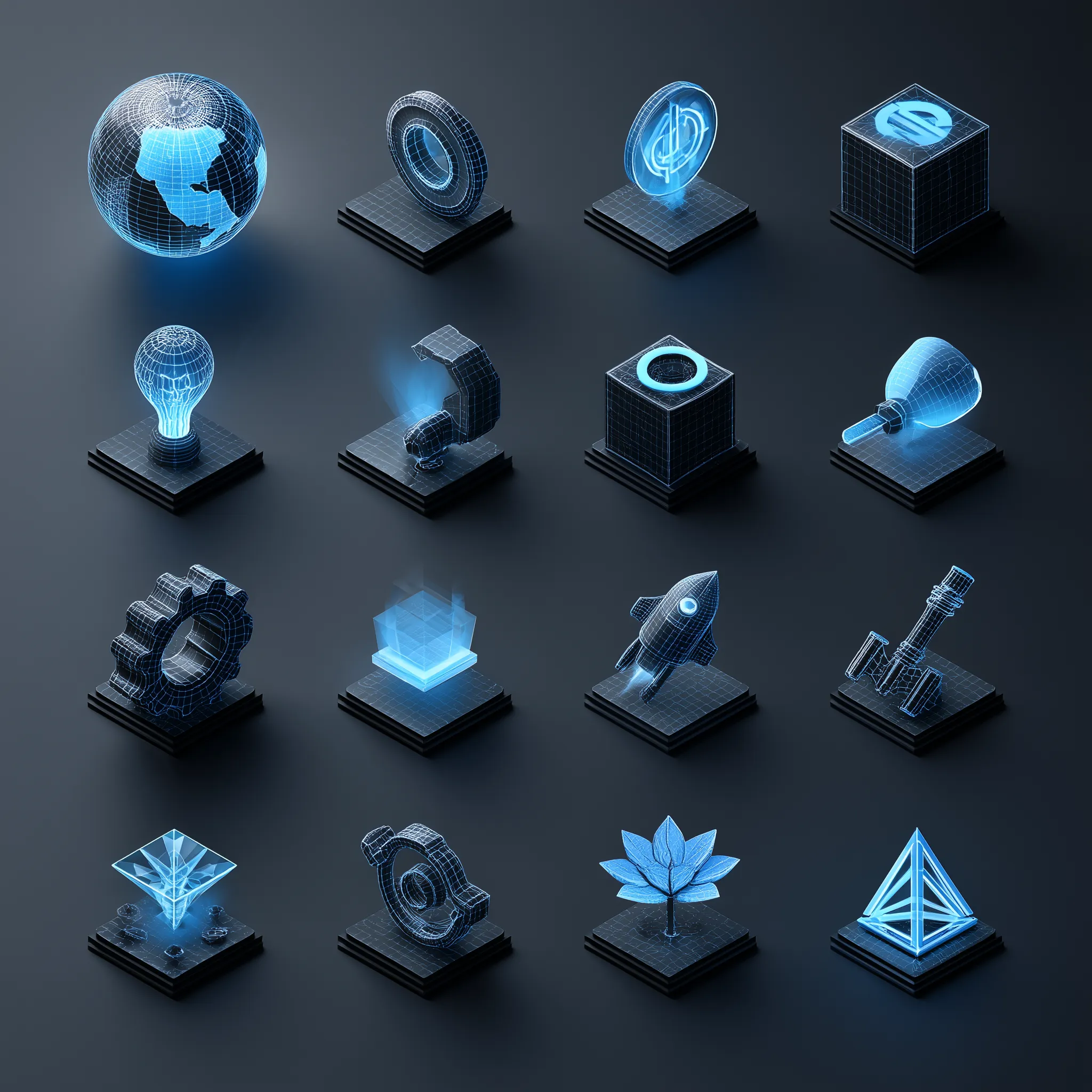Futuristic Holographic Technology Icons Grid