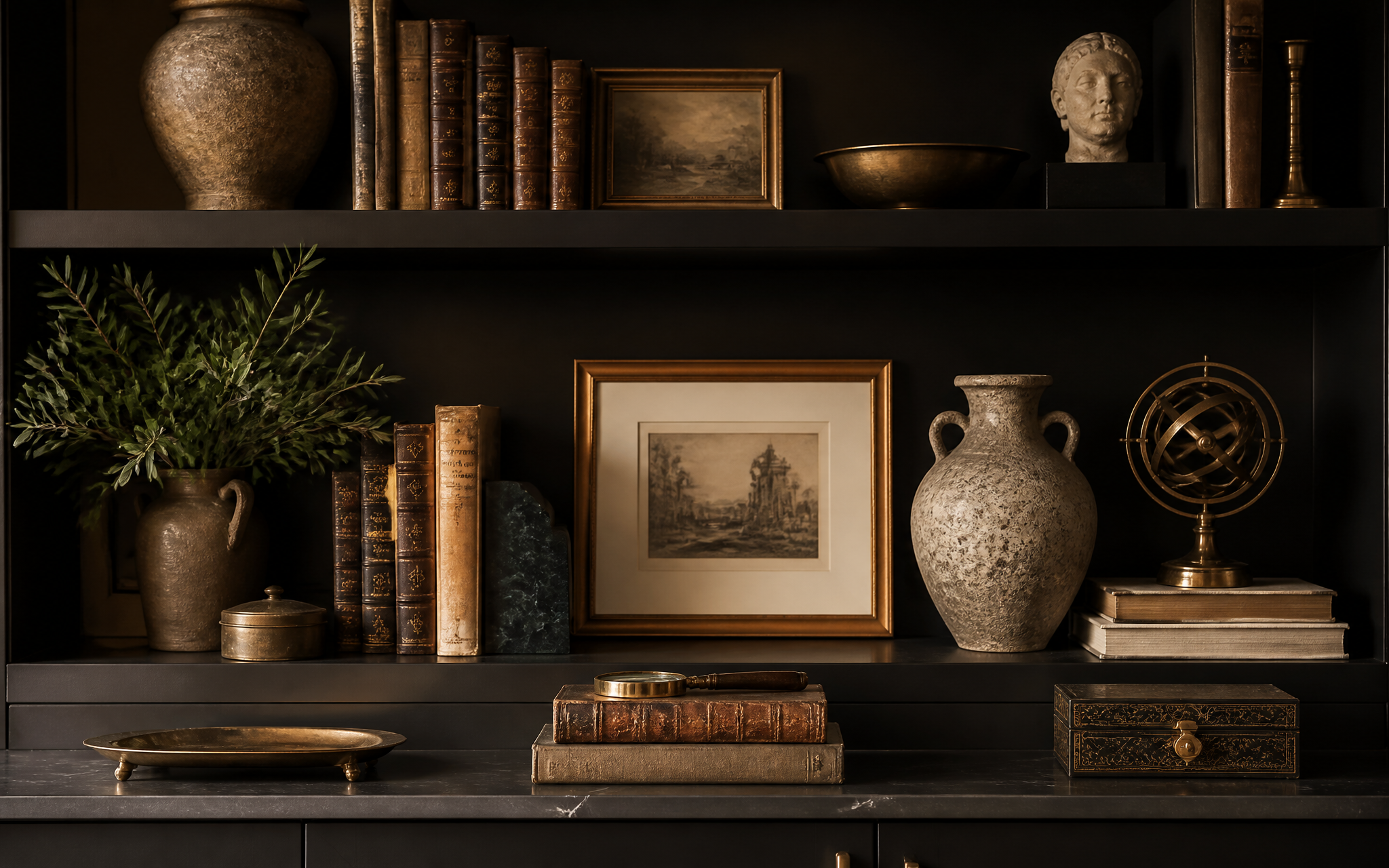 Luxury shelf with antique decorative objects