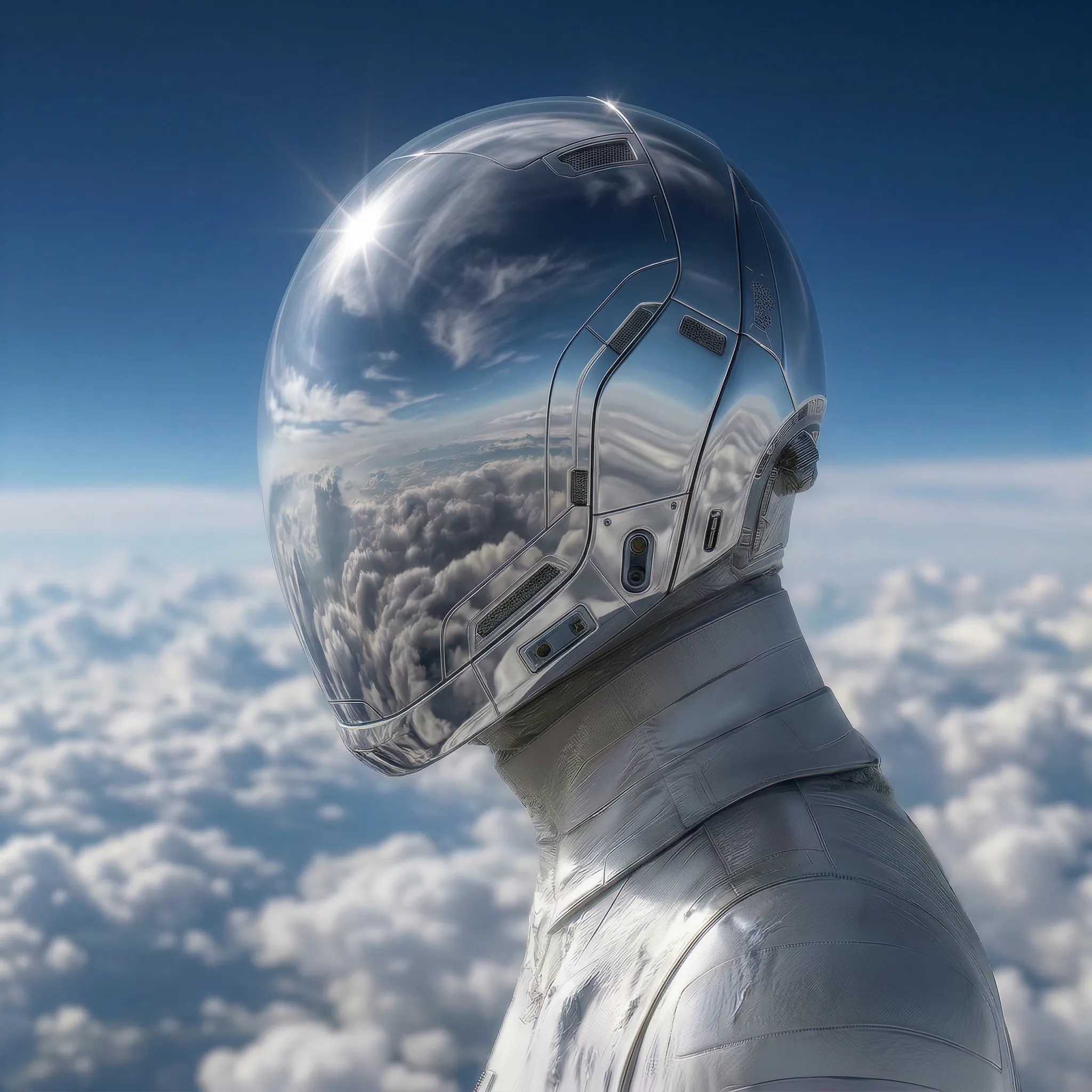 Reflective Futuristic Astronaut Above Clouds