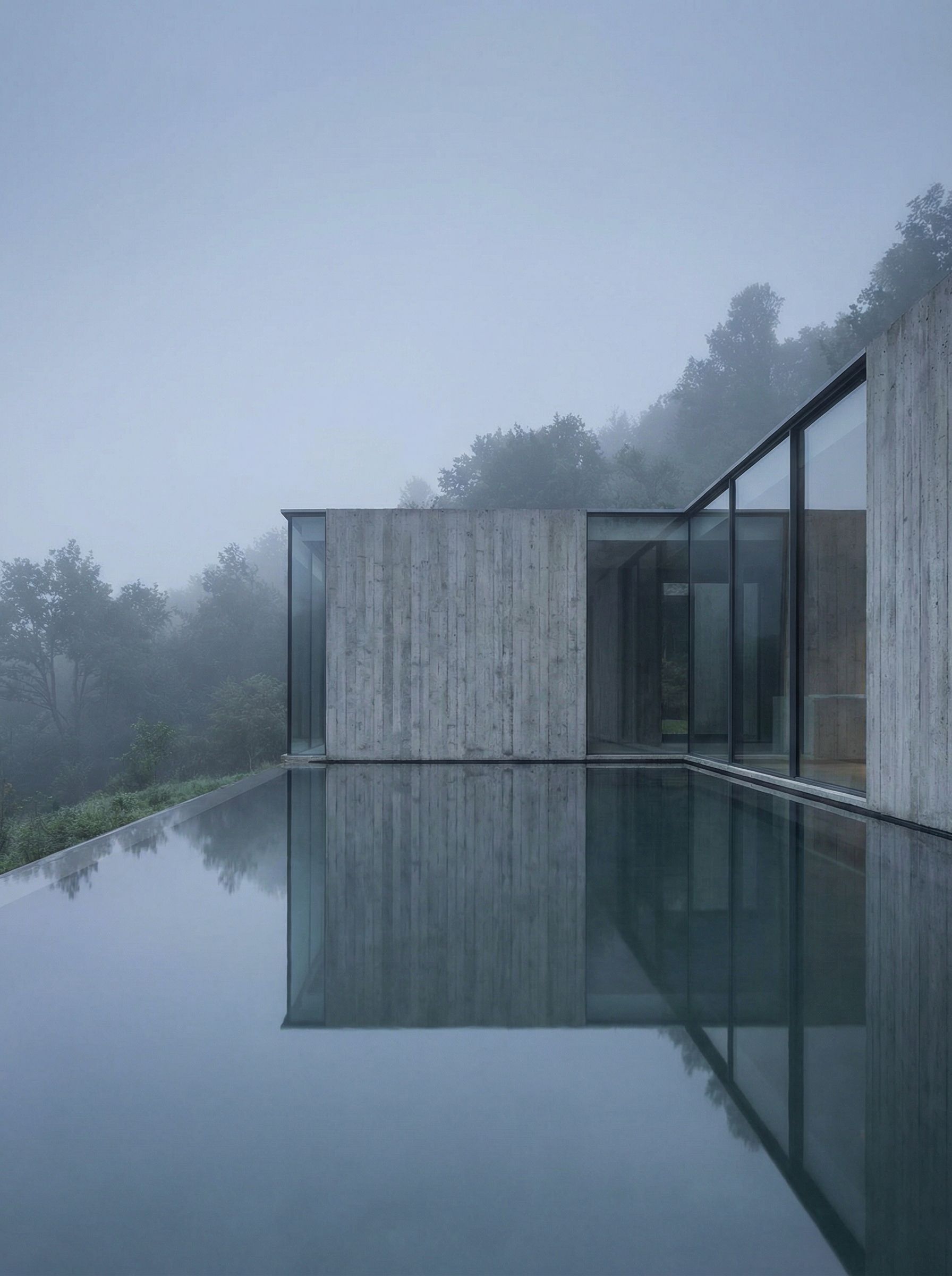 Minimalist house with pool in morning fog
