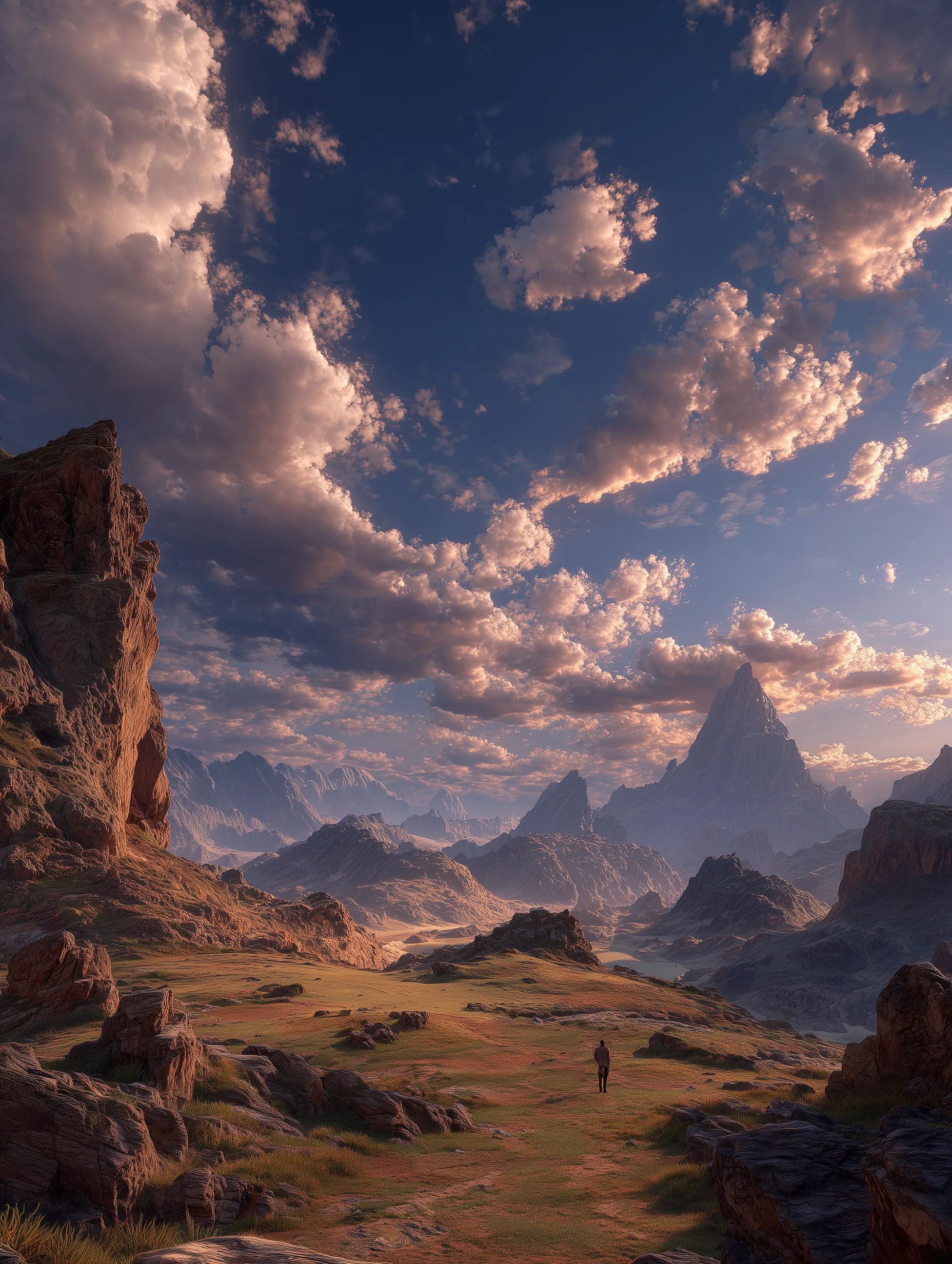 Solitary Traveler in Vast Fantasy Mountain Vista