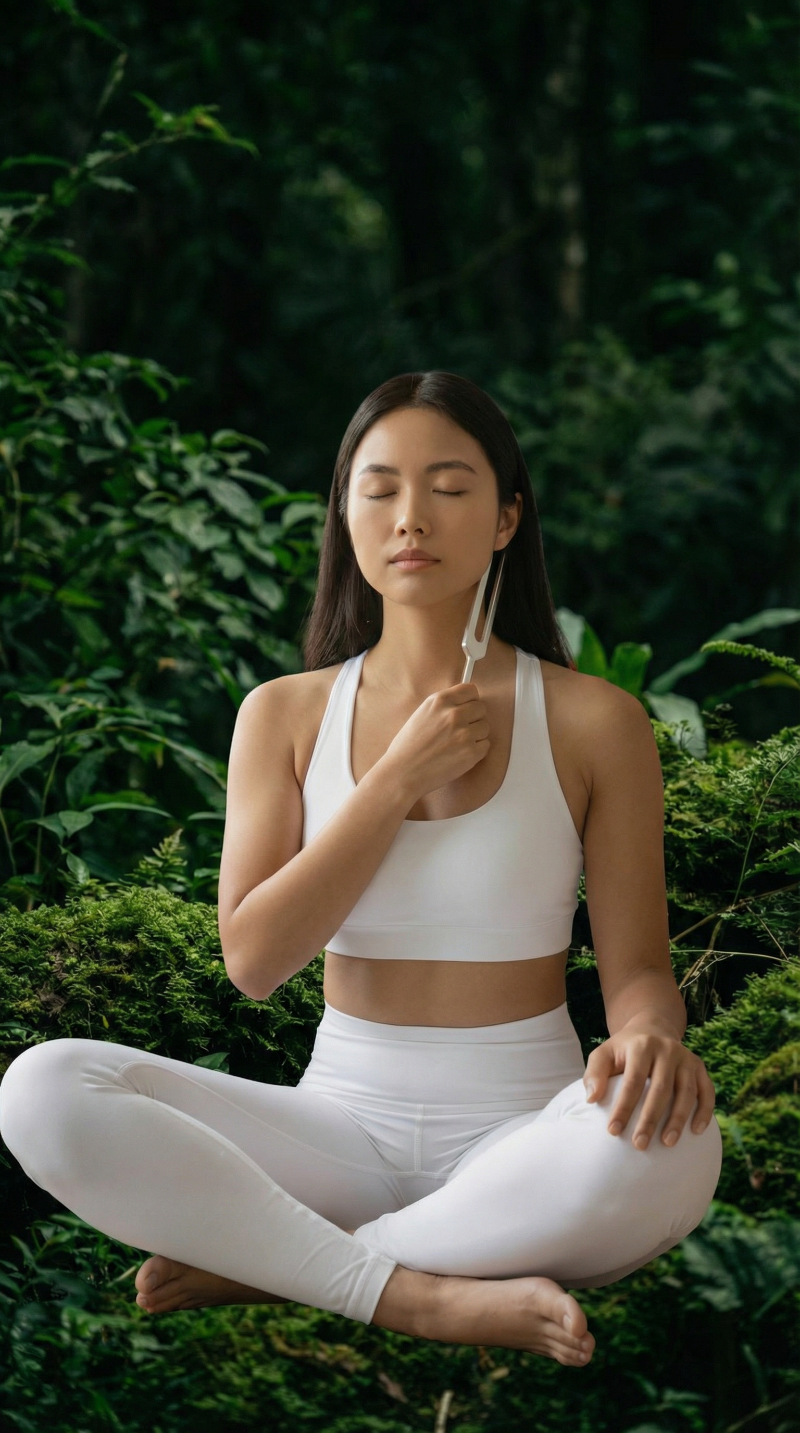 Woman relaxing with tuning fork