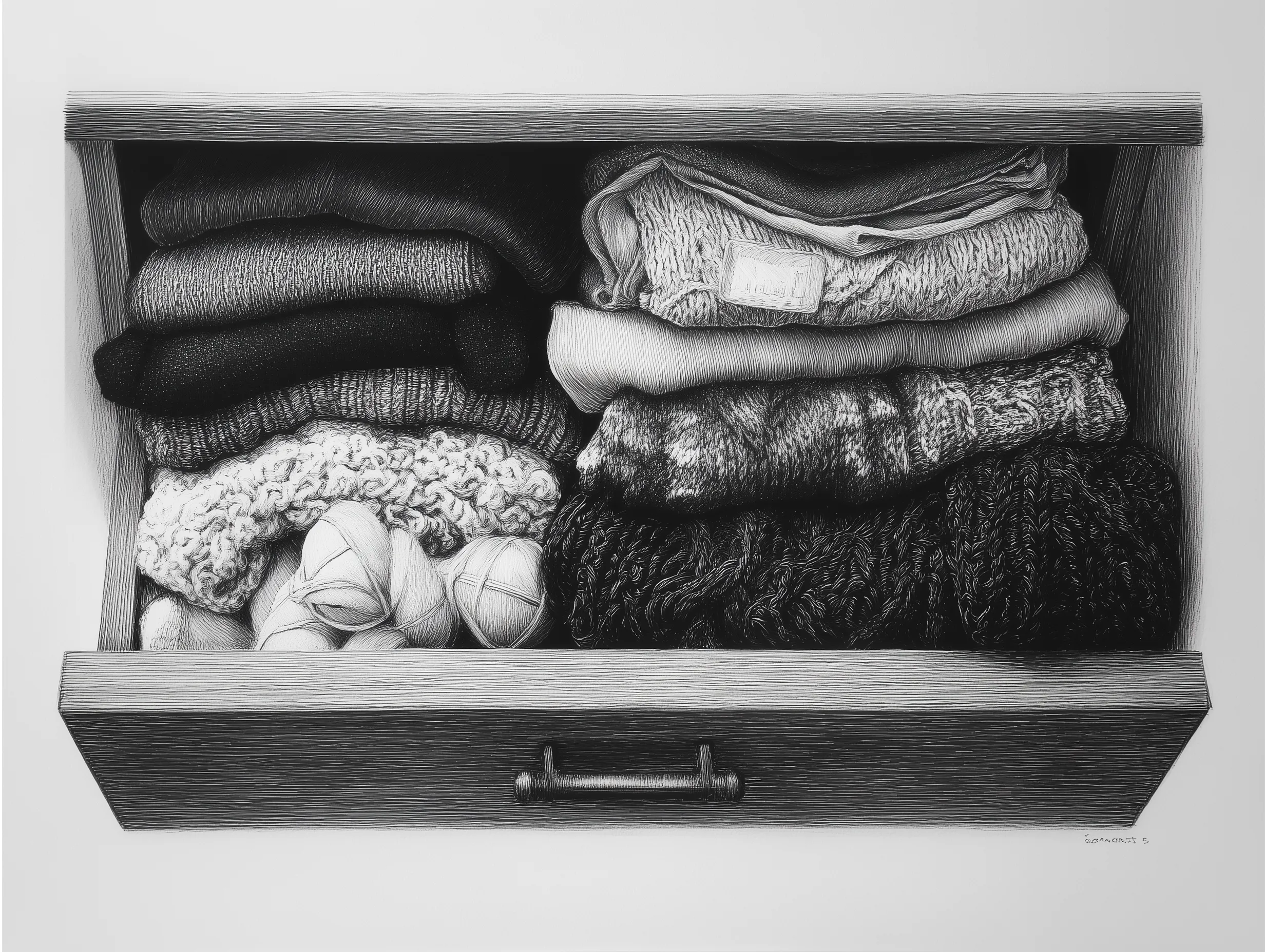 Hand-Drawn Illustration of Knitted Clothes in a Drawer