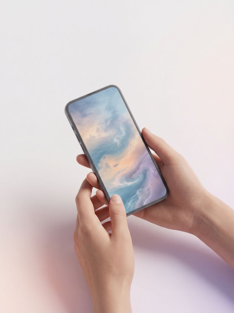 Hands holding smartphone with pastel screen