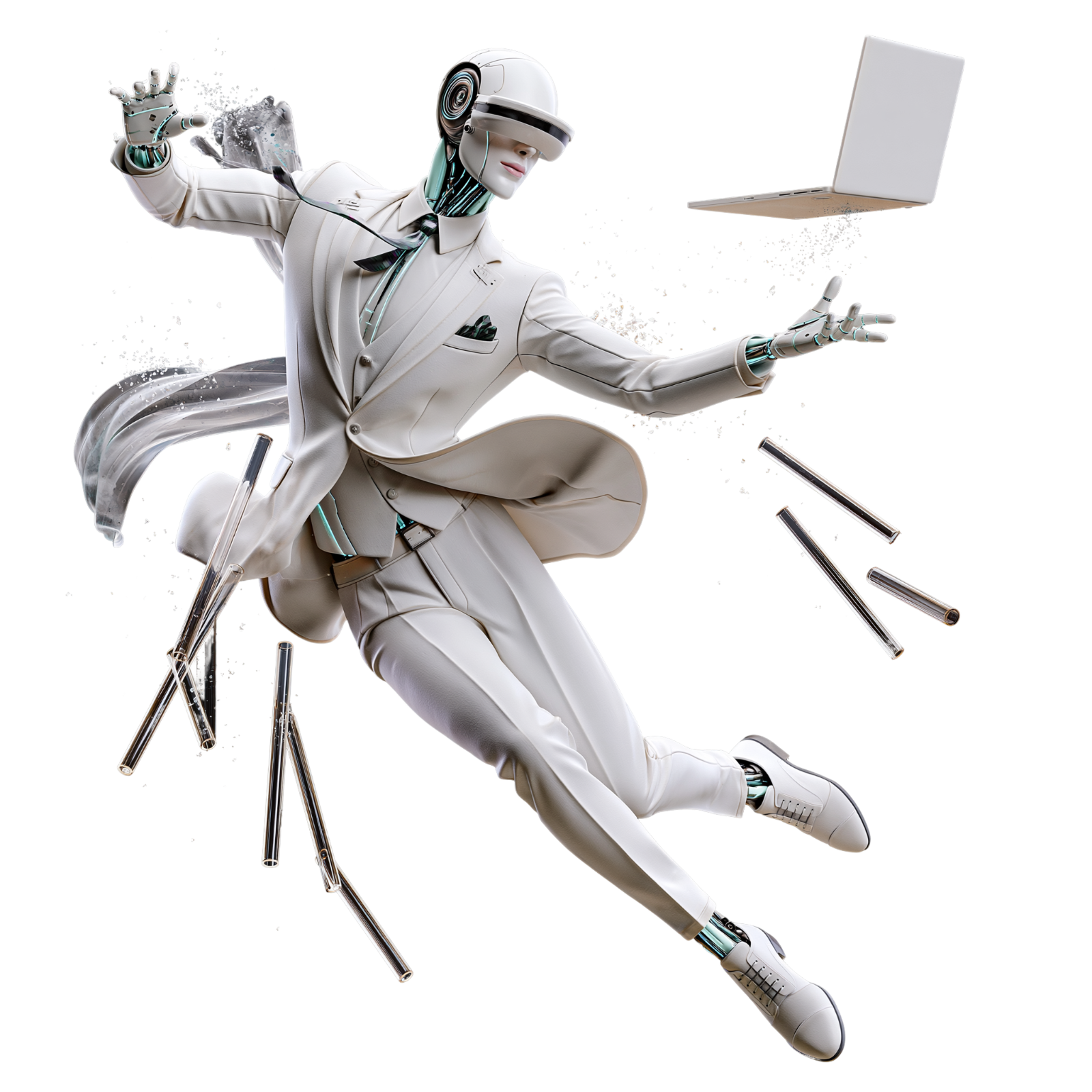 Futuristic Robot in Business Suit Floating in Zero-G