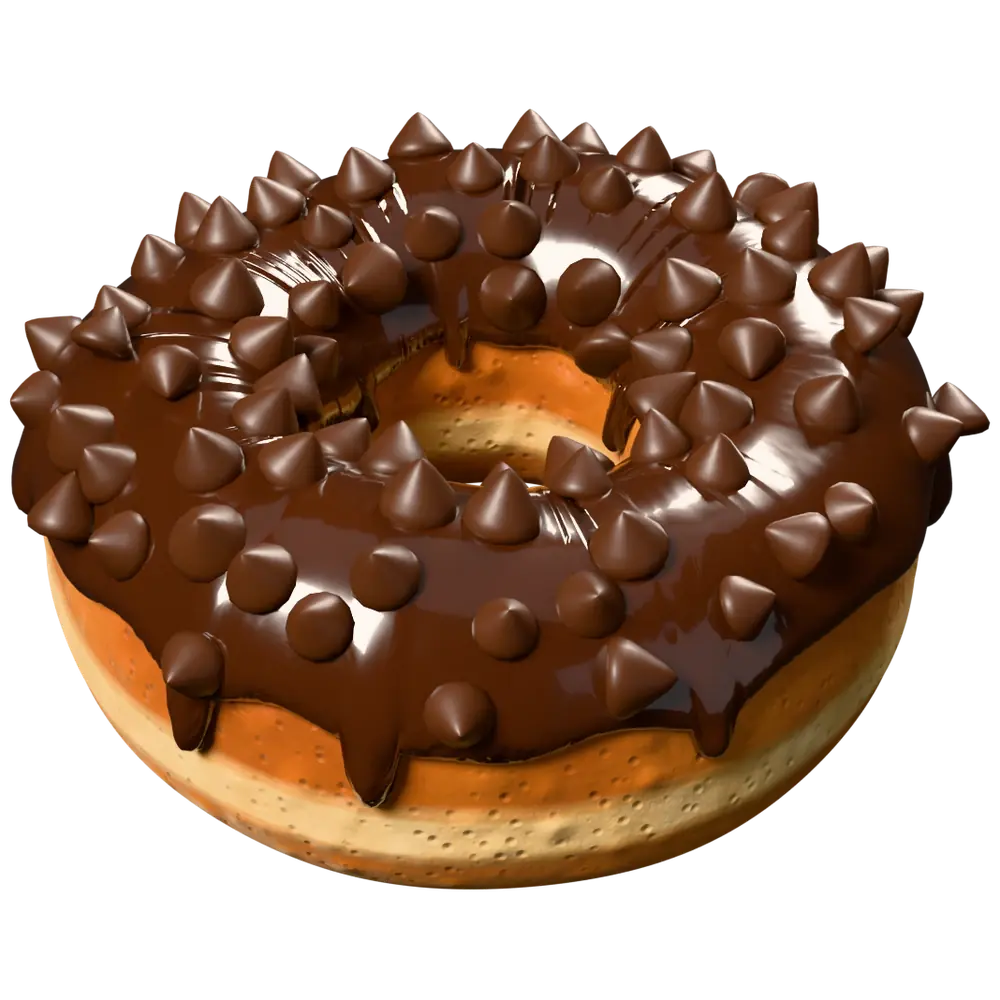 Glossy dark chocolate donut with textured, teardrop-shaped chocolate chips