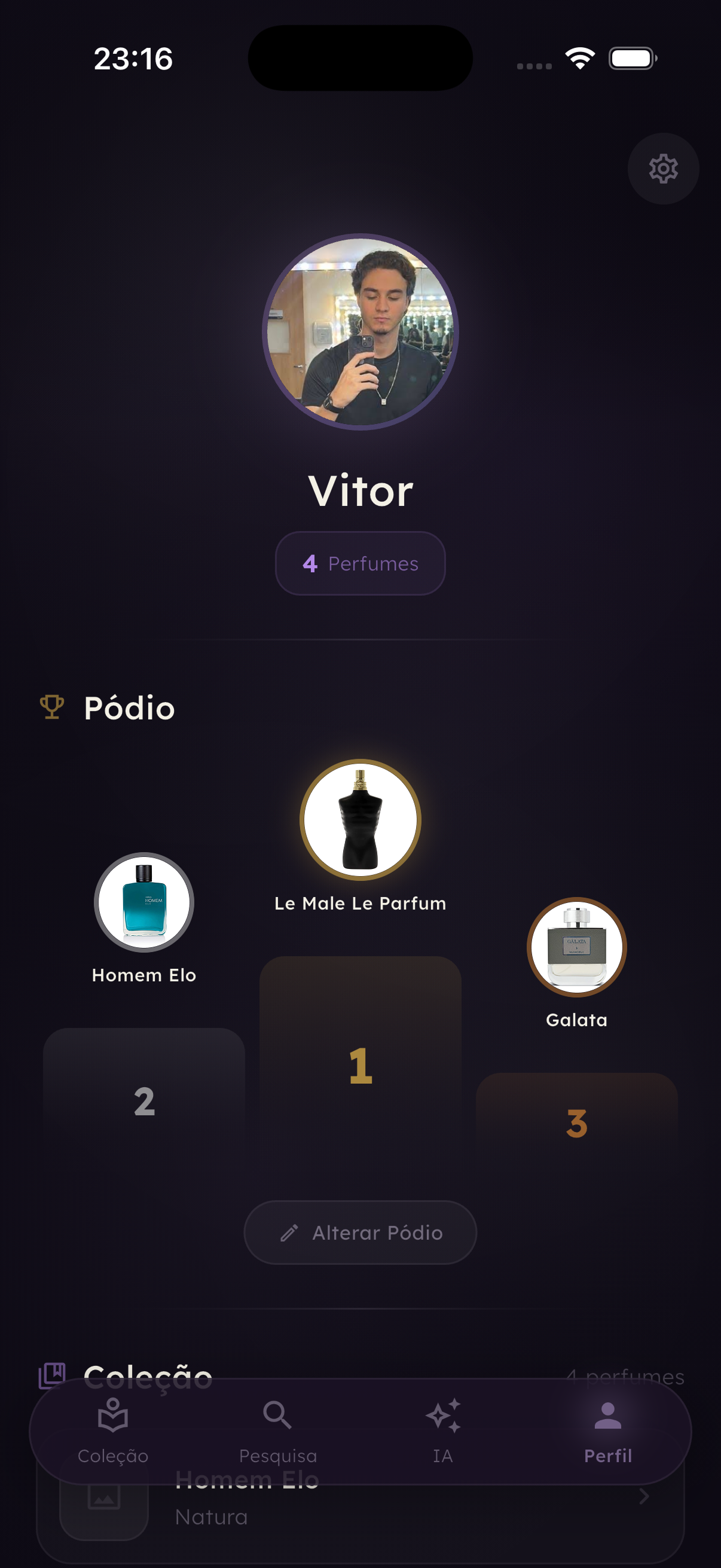 Tela de pódio de perfumes do usuário no app Scencia