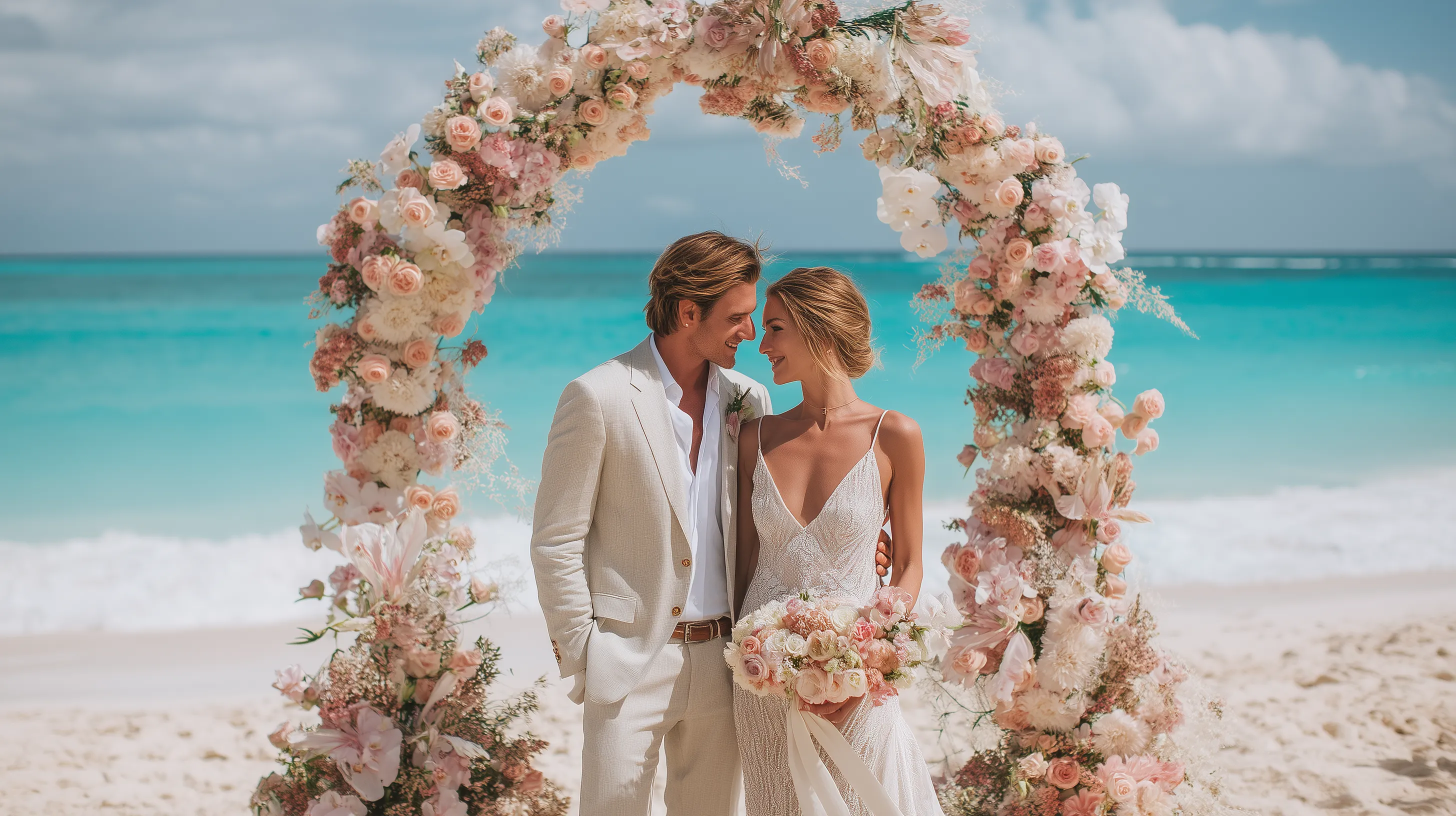 Romantic Beach Wedding Under Floral Arch