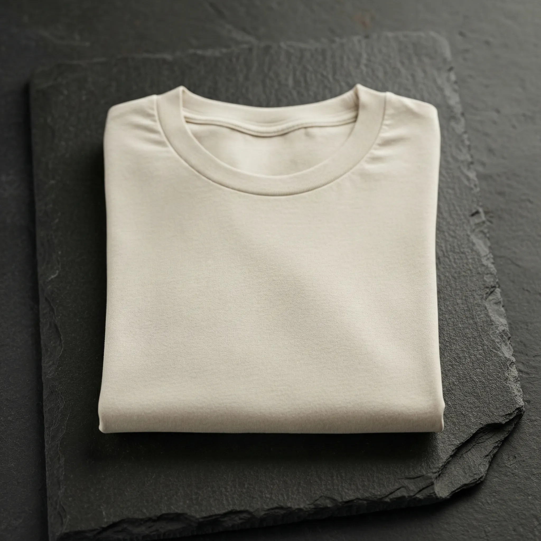 Folded beige T-shirt on dark stone surface