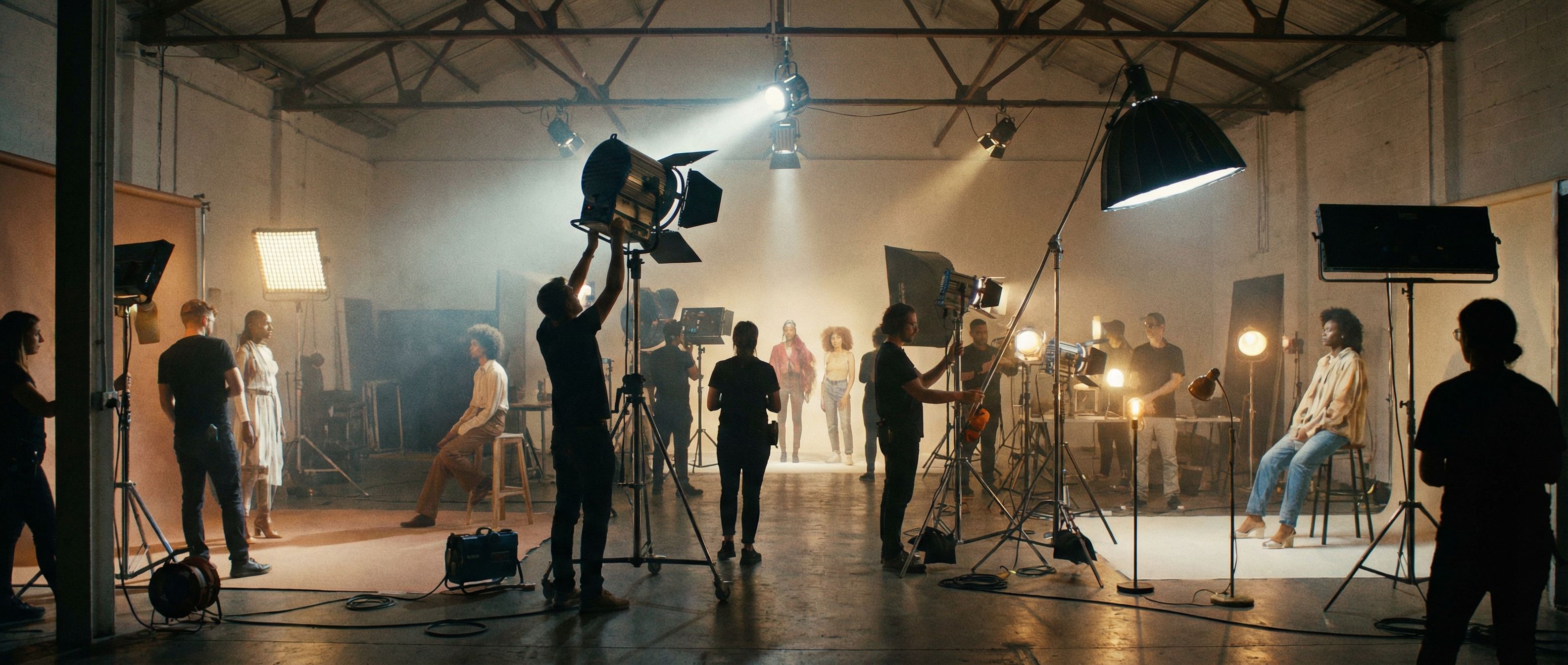 Film crew working on studio production set