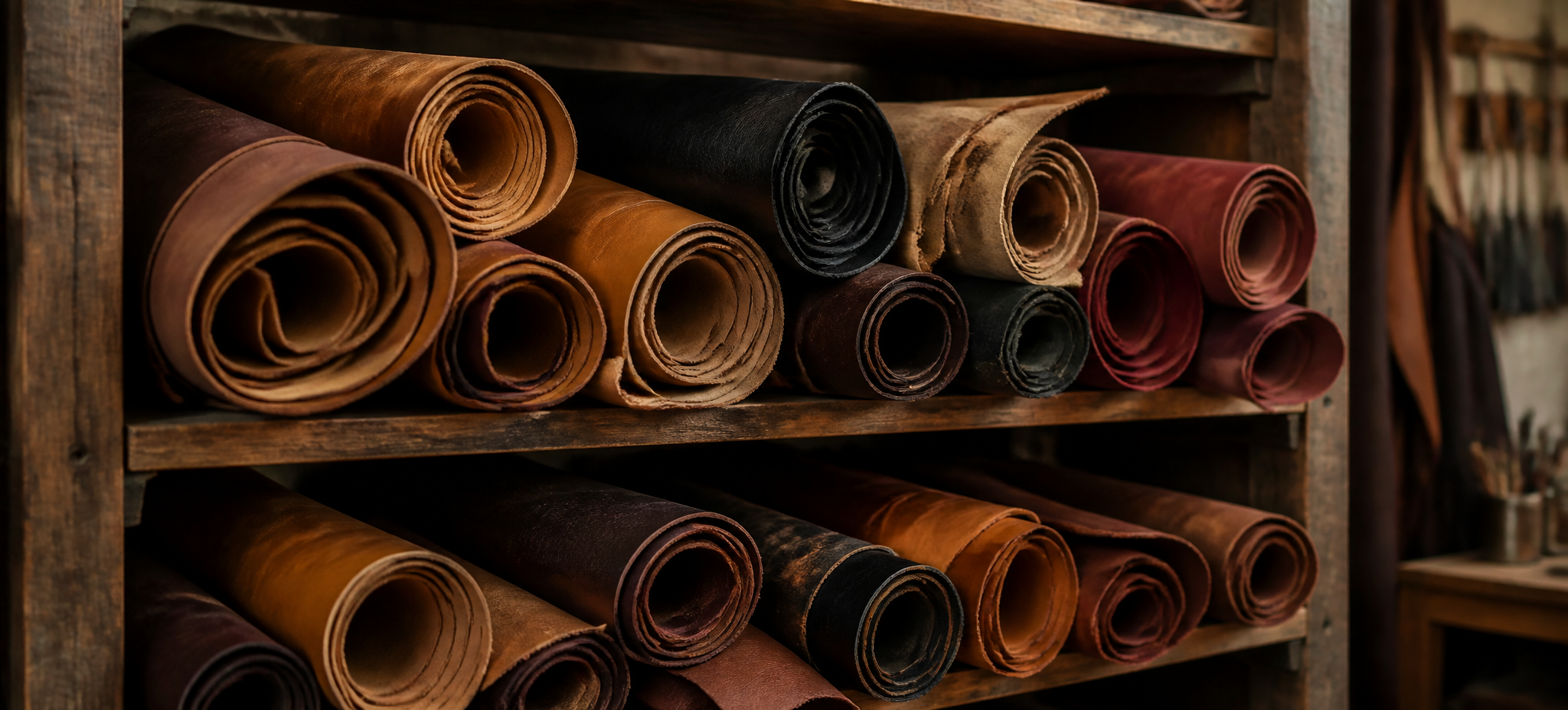 Rolled leather hides stored on a workshop shelf