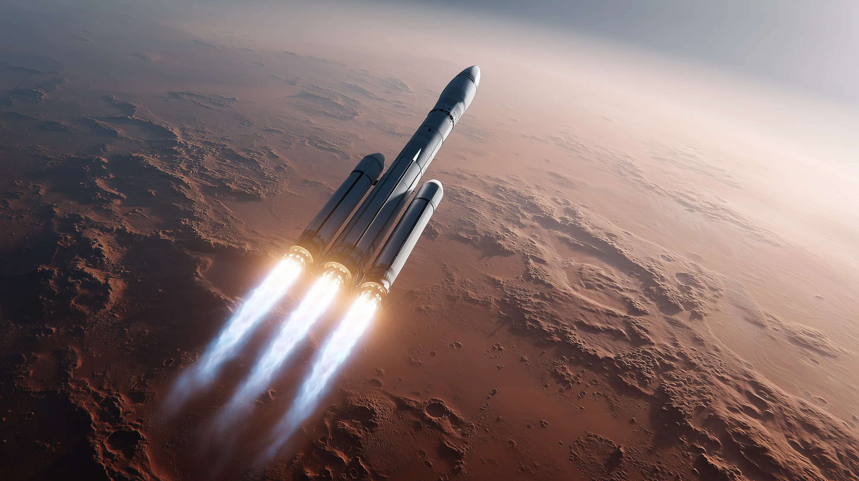 Multi-Stage Rocket Launching Over Martian Landscape