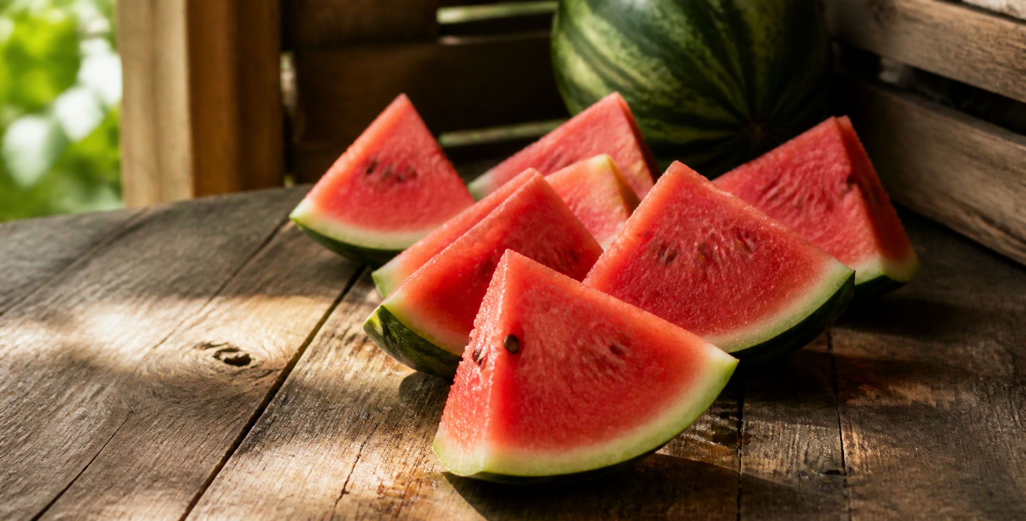 Sliced watermelon wedges arranged on a rustic wooden table
