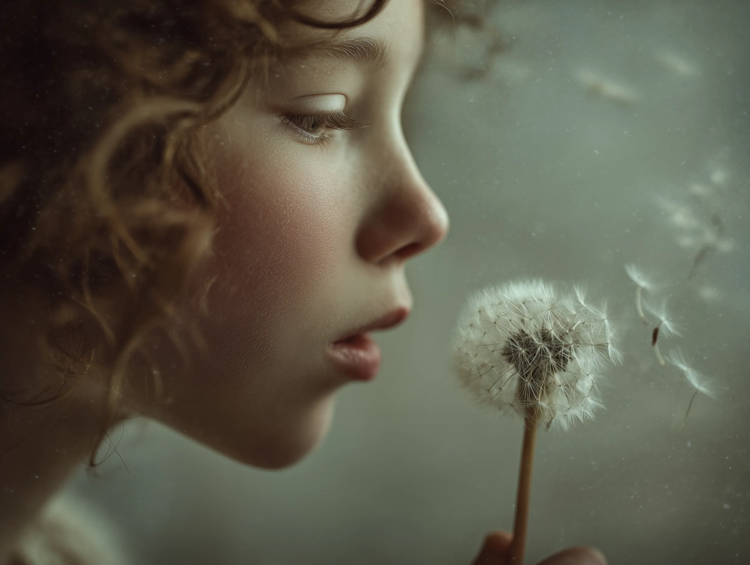 Child Blowing a Dandelion in Soft Light