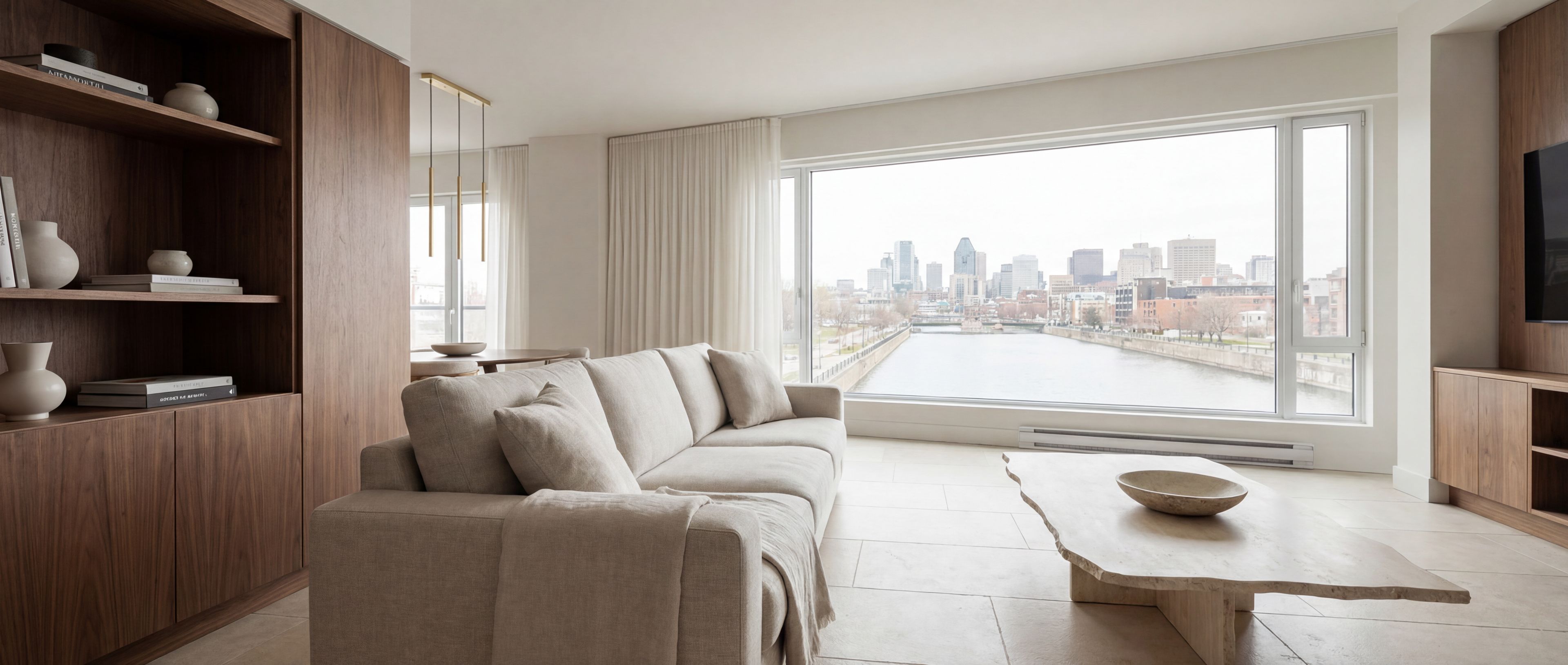 Minimalist living room with city river view