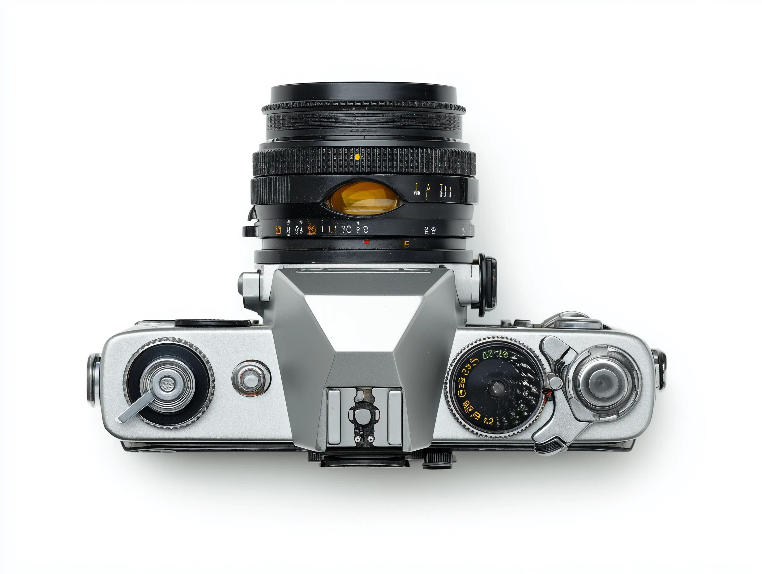 Top view of vintage film camera on white