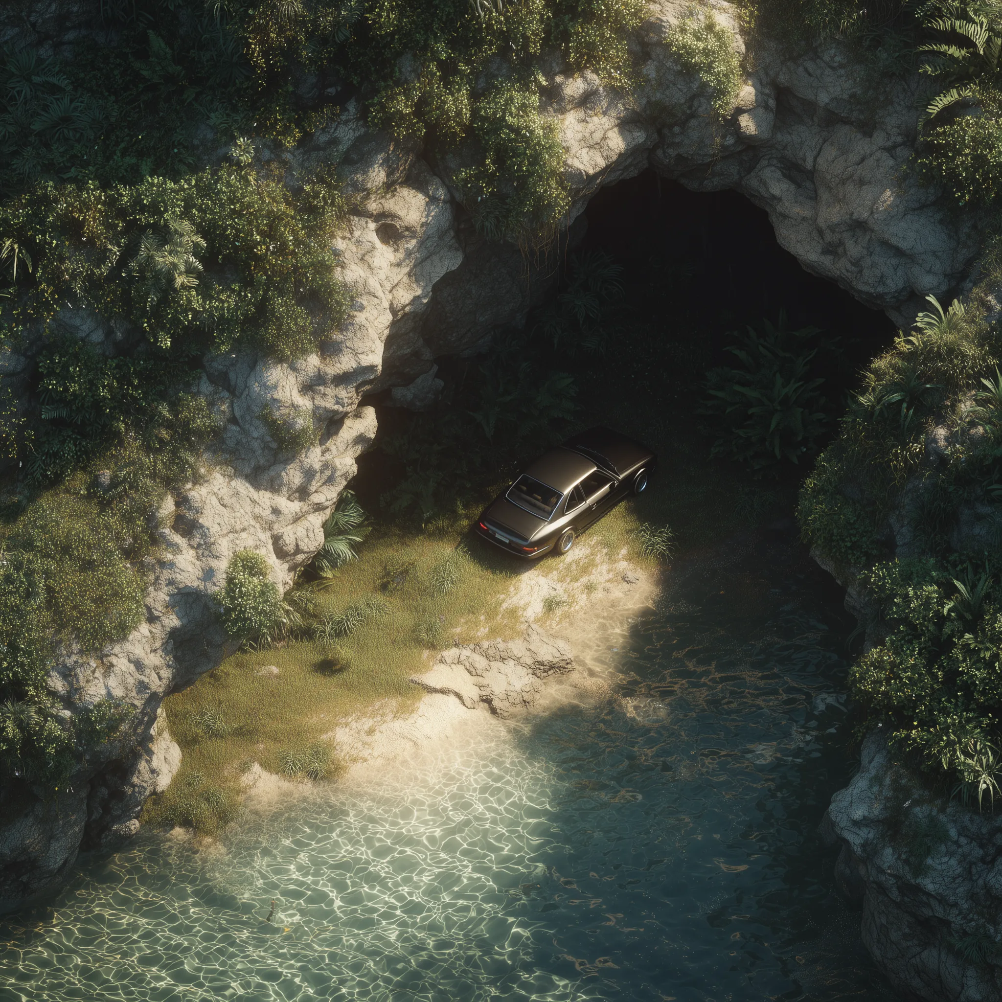 Vintage Car by a Tropical Cave Lagoon