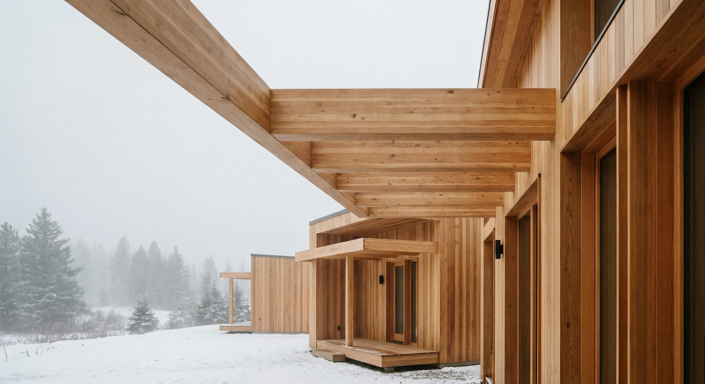 Modern timber cabin in snowy forest