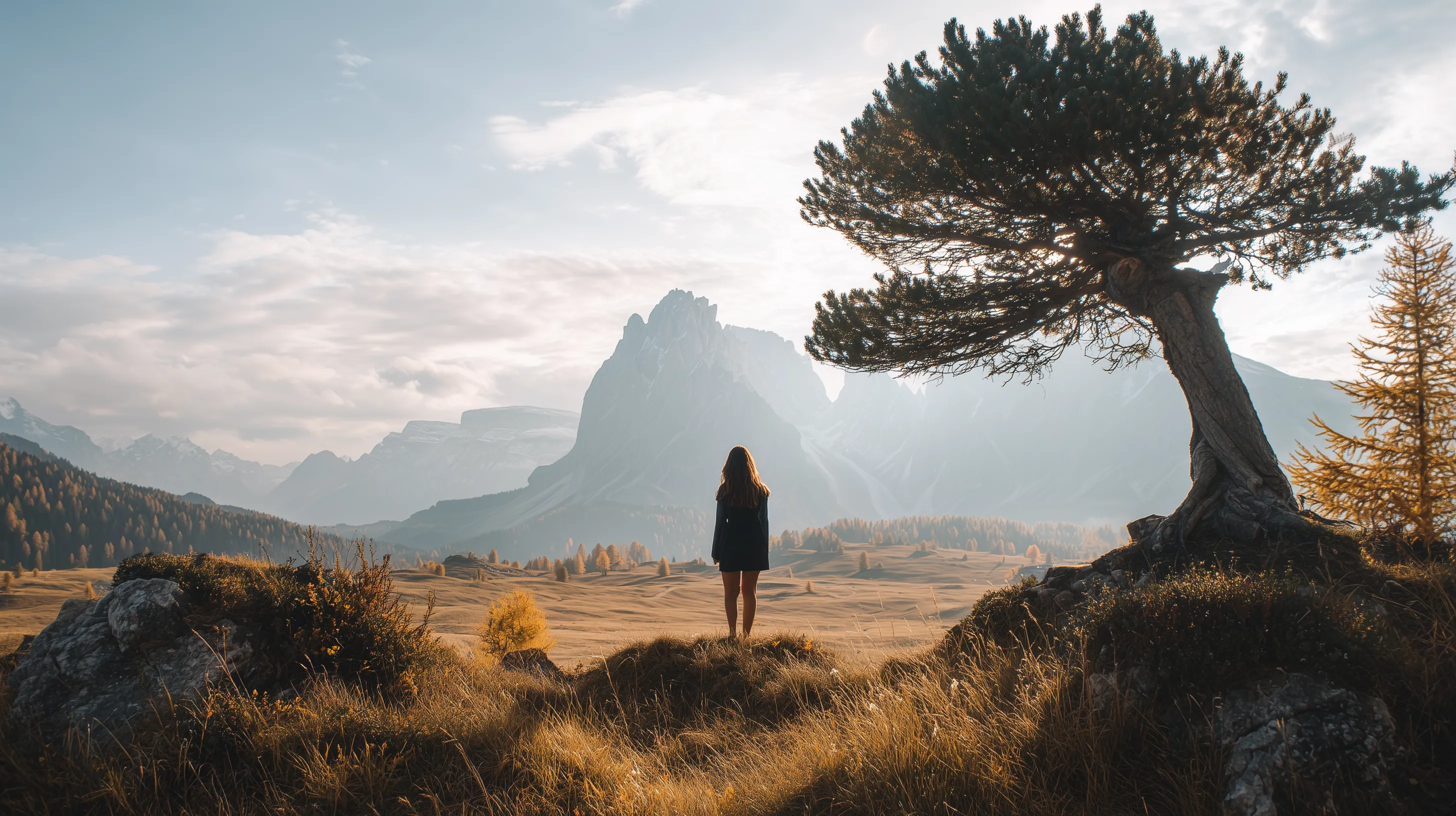 Woman Overlooking Misty Alpine Valley