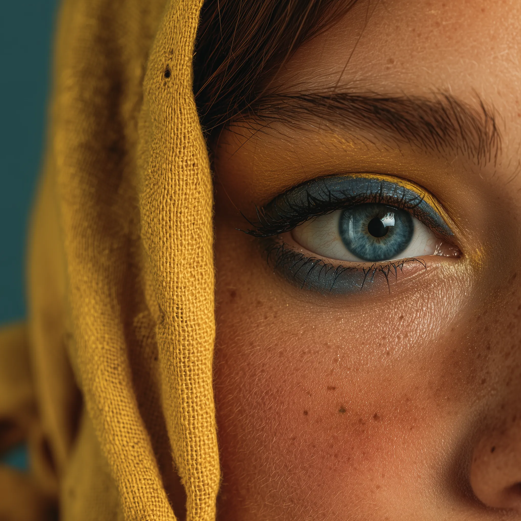 Close-up Portrait of Blue Eye with Yellow Scarf