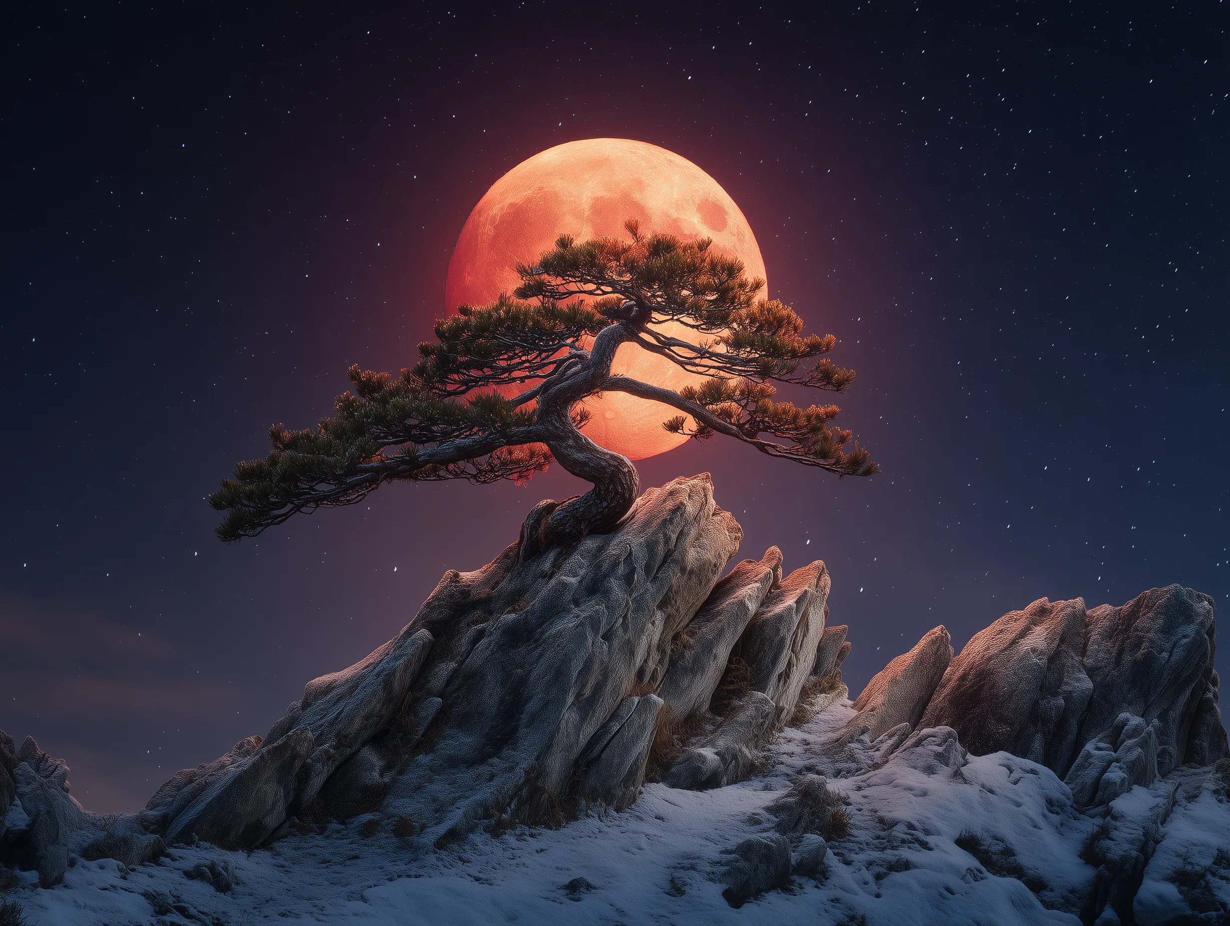 Moonlit Pine on Rocky Peak
