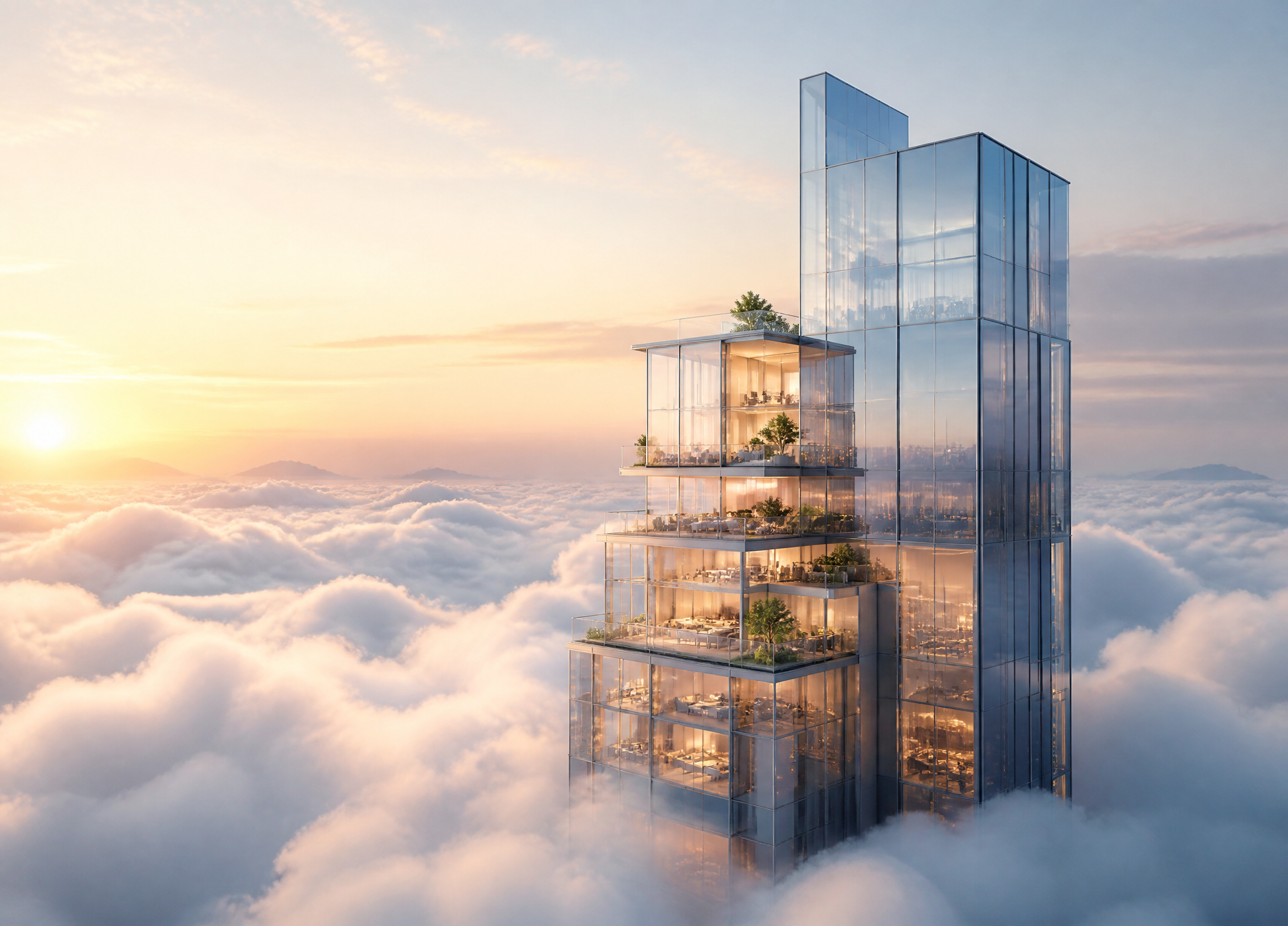Futuristic Glass Skyscraper Above the Clouds at Sunset