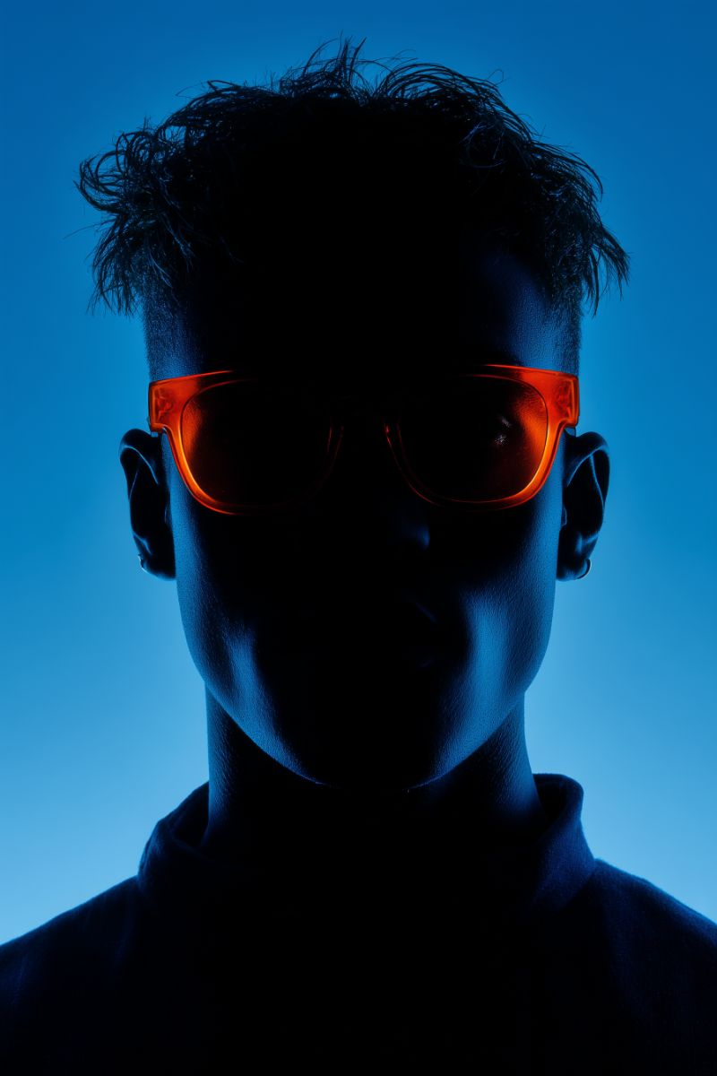 Silhouette with Orange Sunglasses on Blue Backdrop