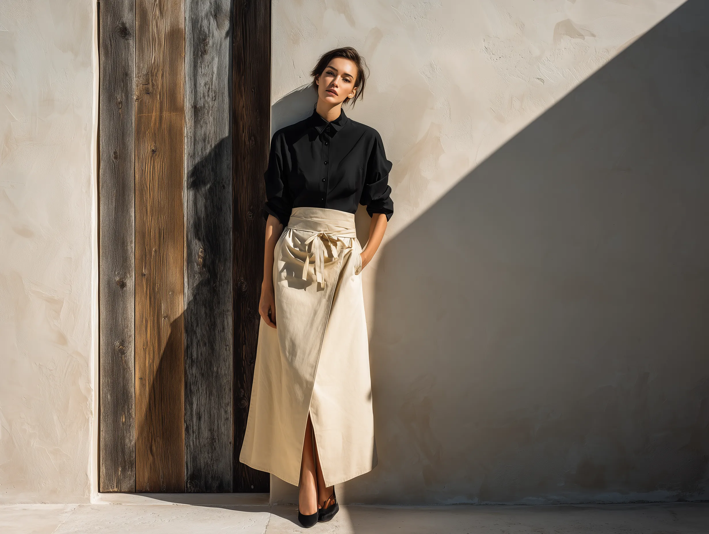 Minimalist fashion portrait with dramatic shadow