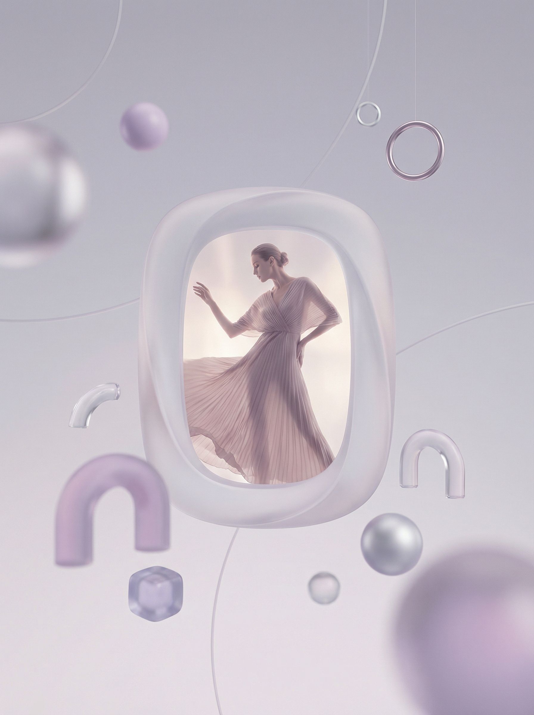 Elegant woman in soft pastel abstract frame