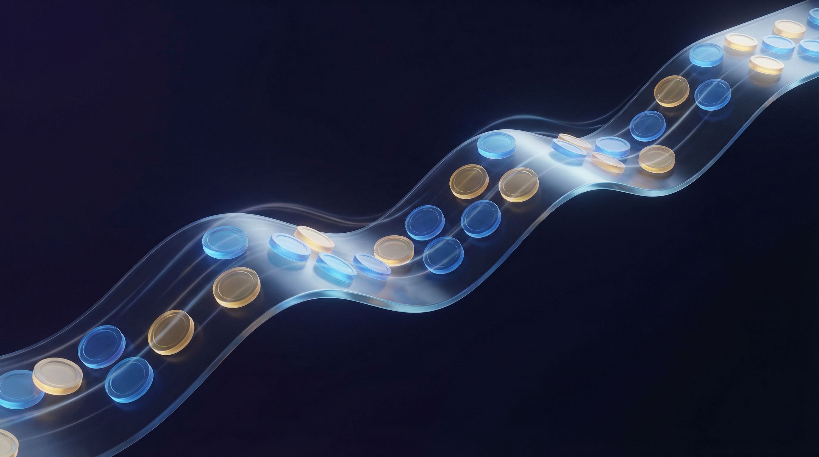 Abstract blue and gold discs on flowing ribbon