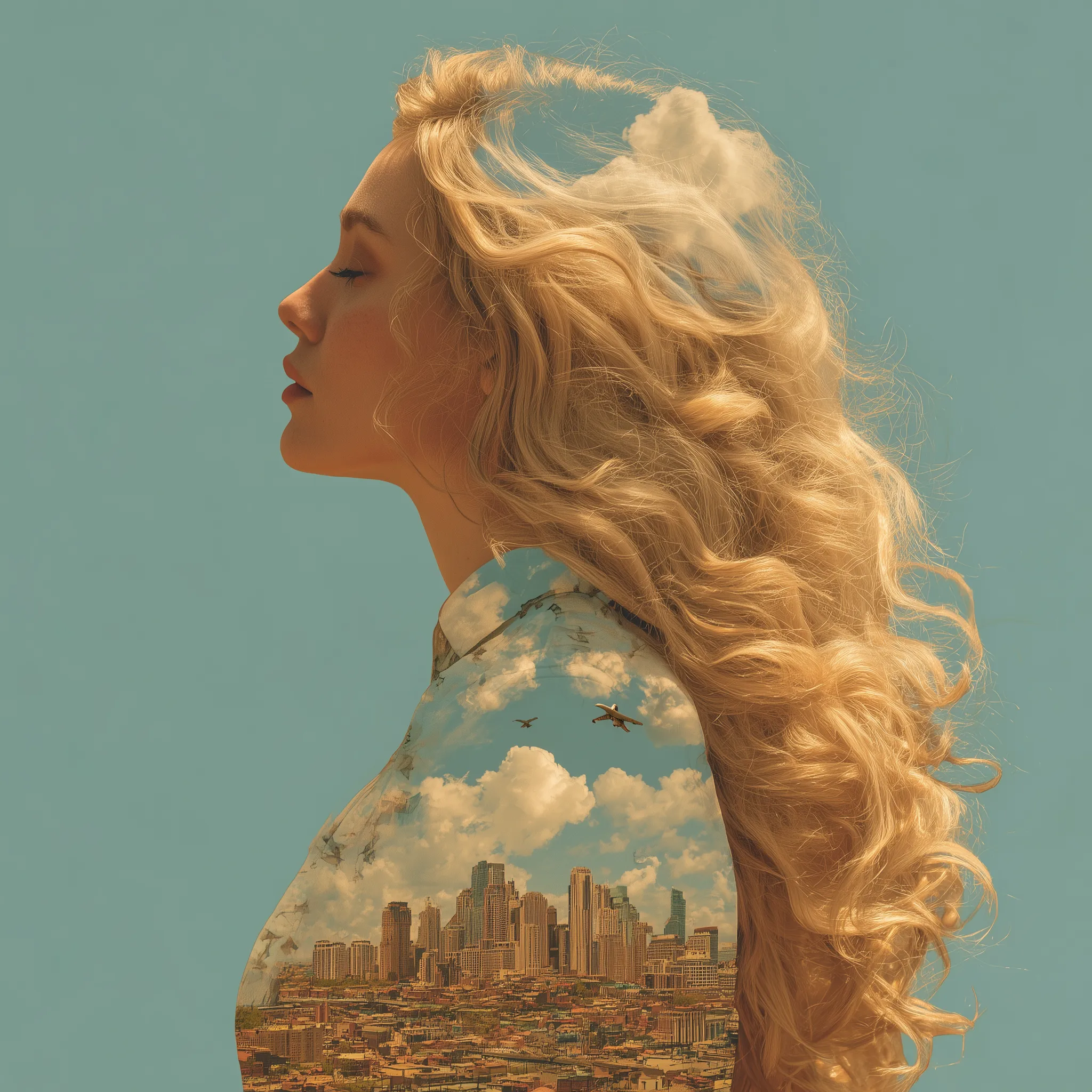 Surreal Double Exposure Woman and Cityscape
