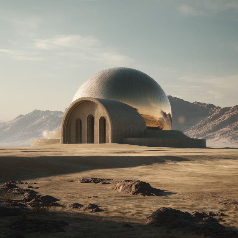Futuristic Desert Dome Structure at Sunrise