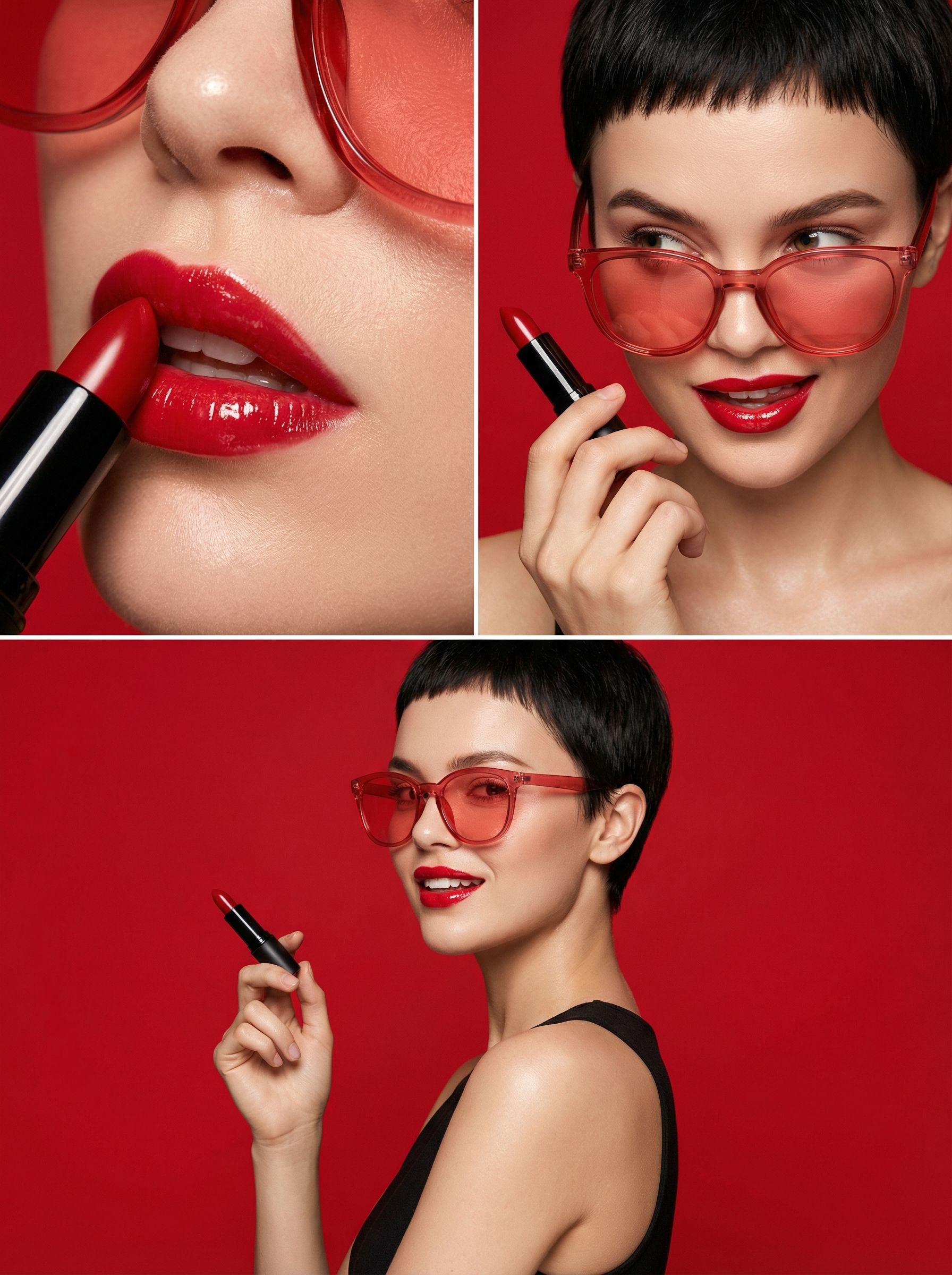 Red lipstick beauty collage on red background
