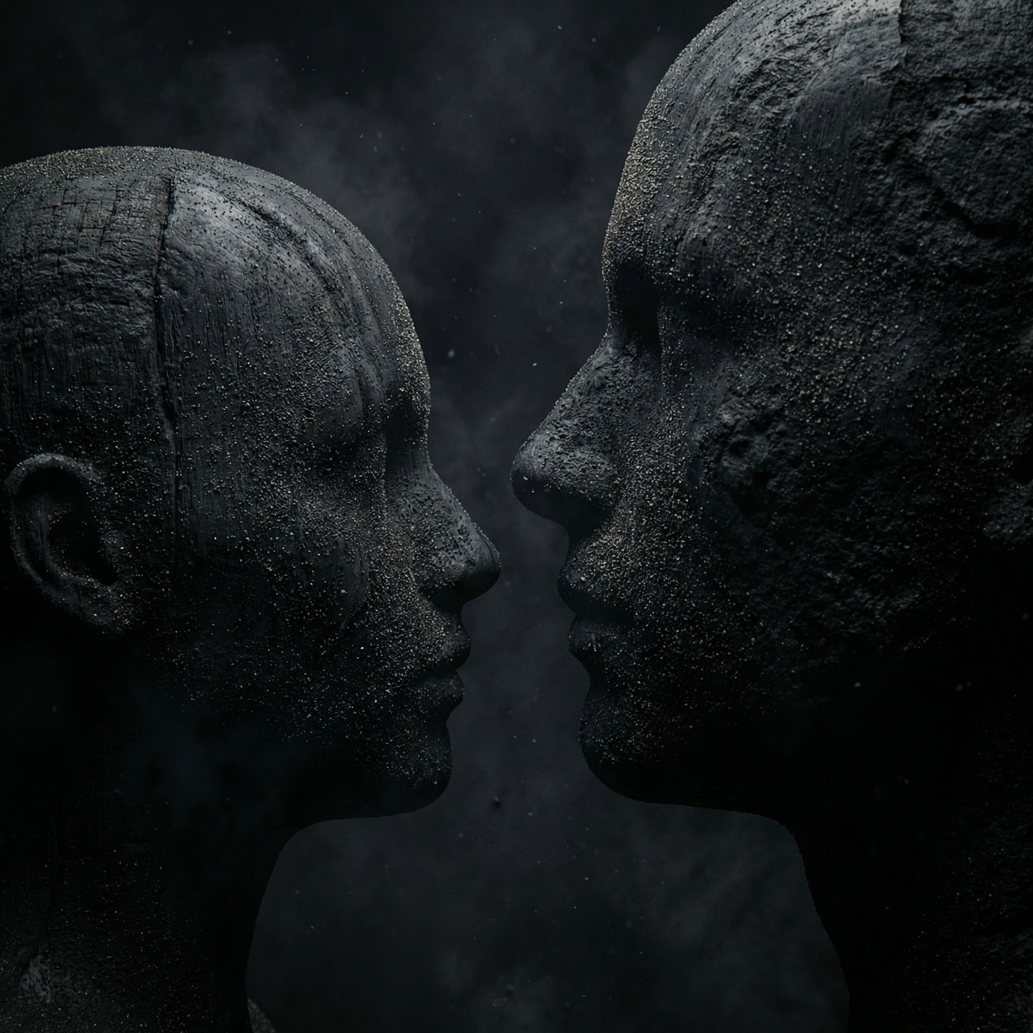 Dark Sculpted Faces in Confrontation