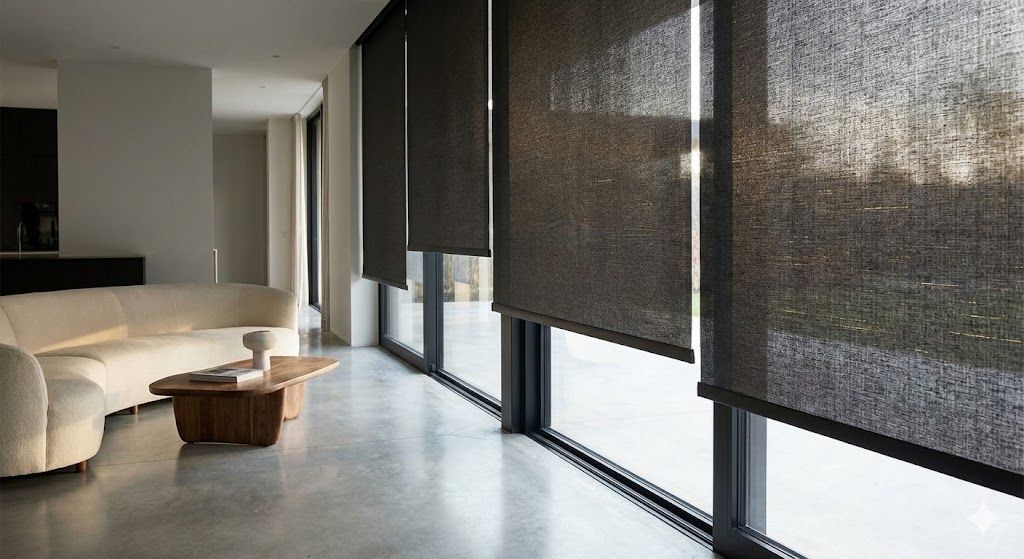 Minimalist automated blinds filtering light in a luxury estate