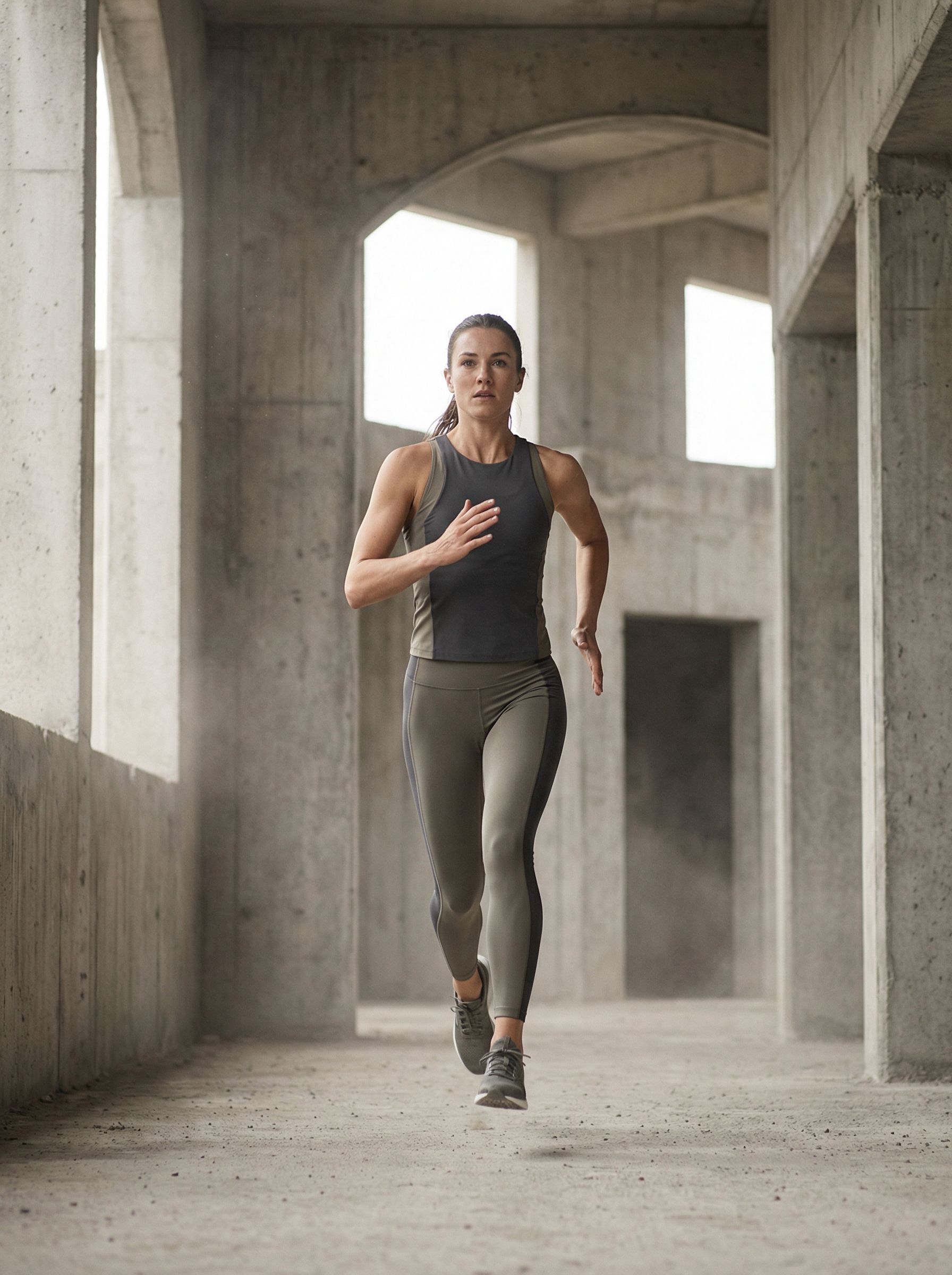 Woman running in concrete urban corridor