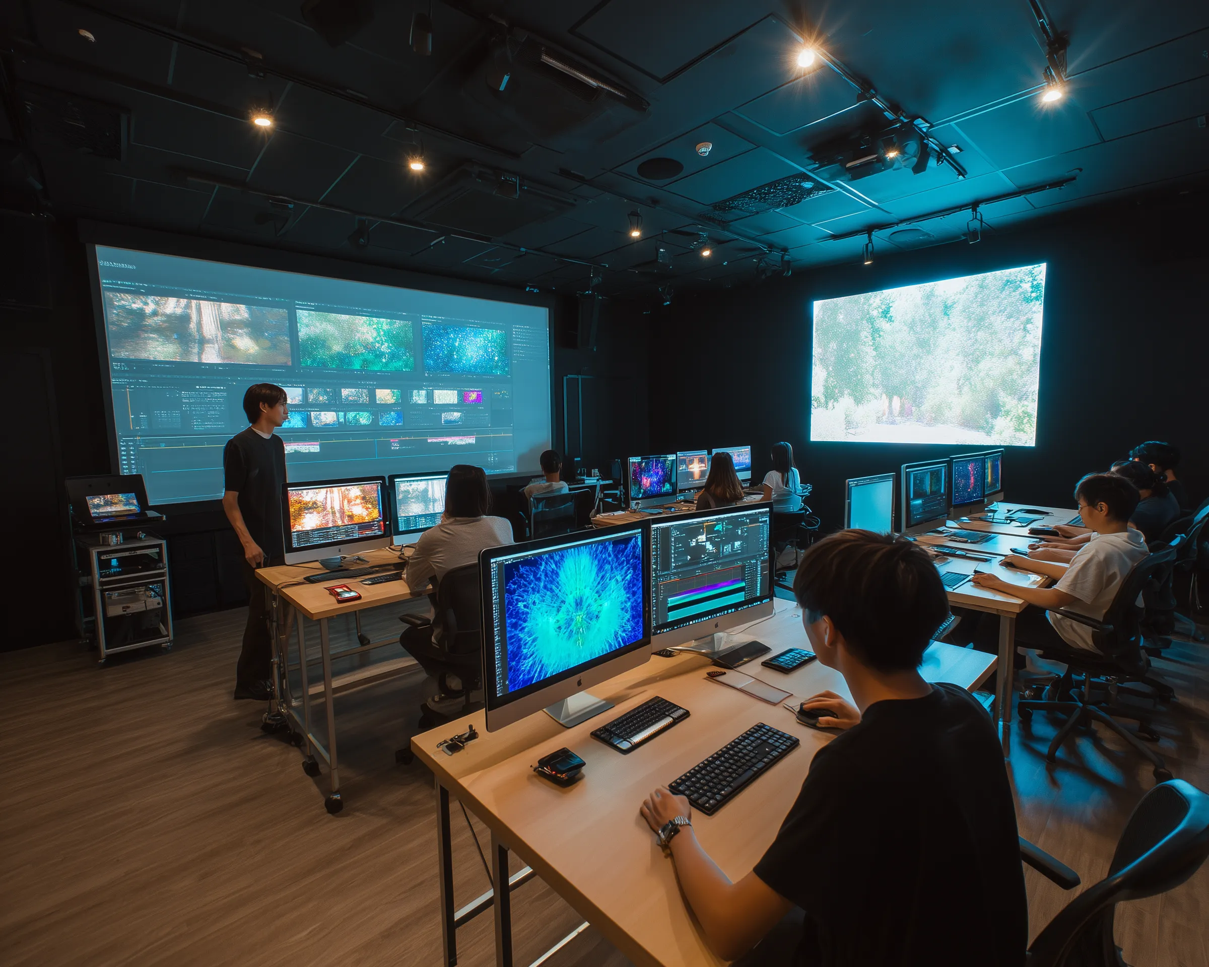 Students in digital media editing classroom
