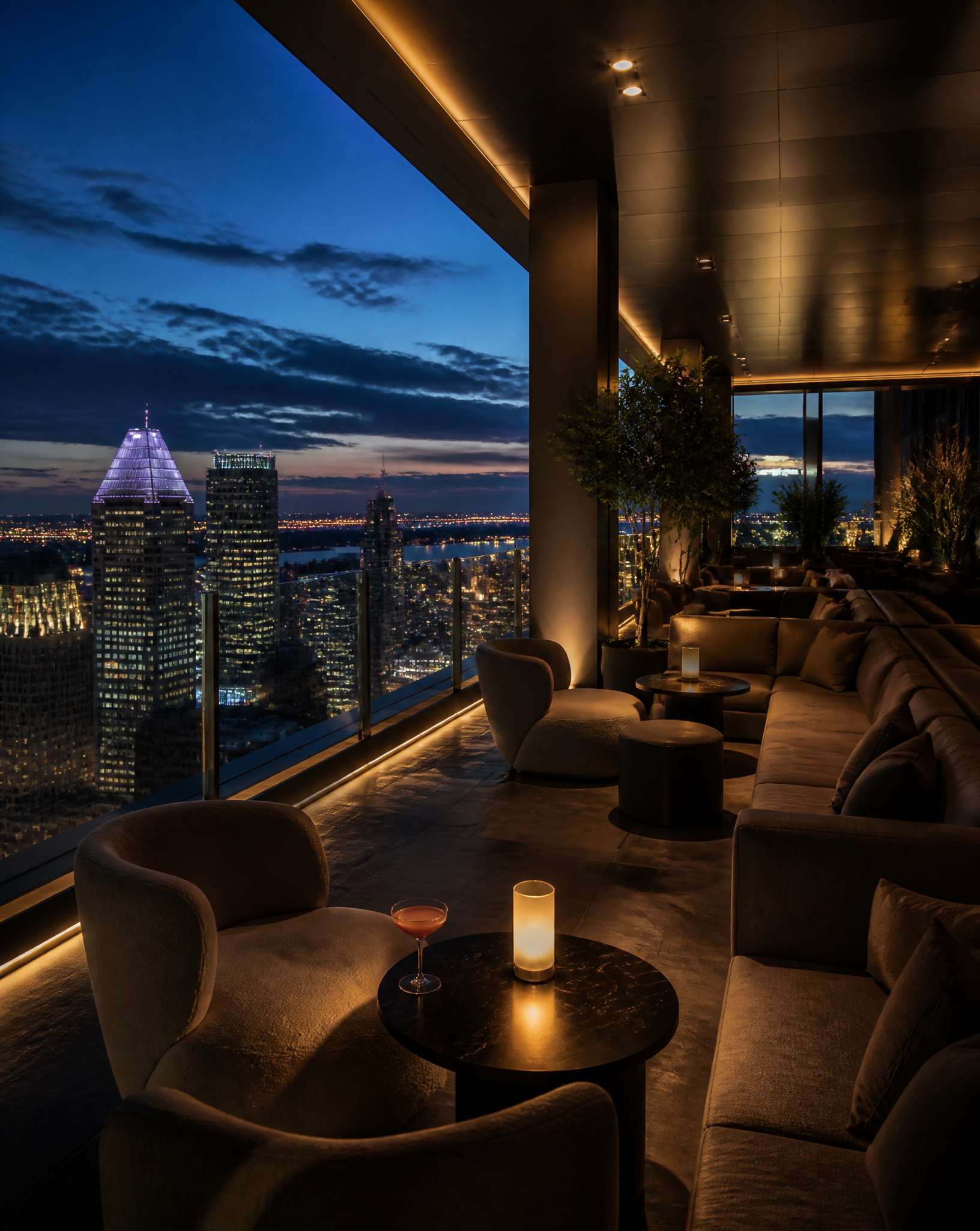Luxury Rooftop Lounge Overlooking City Skyline at Night