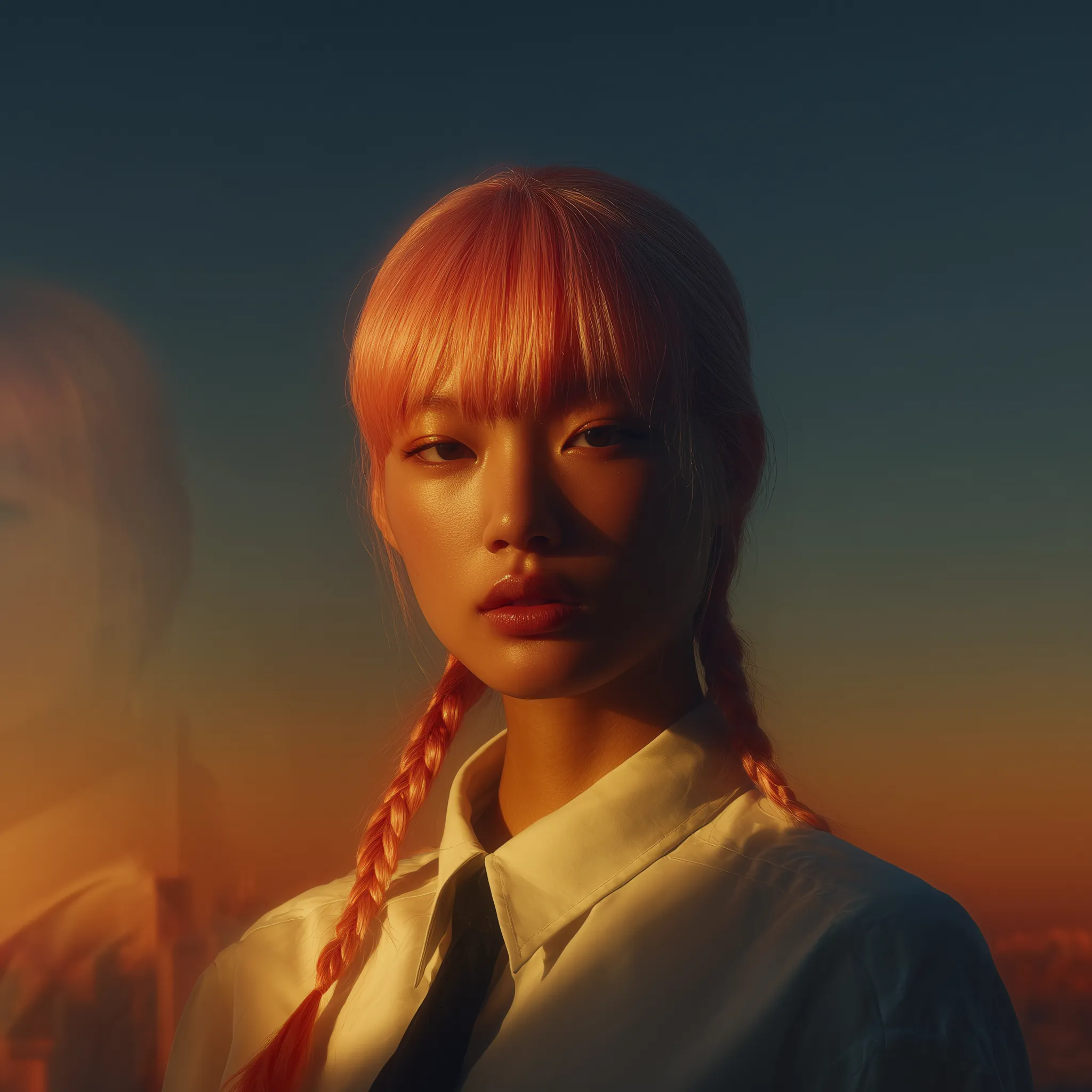 Portrait of woman with pink braids at sunset